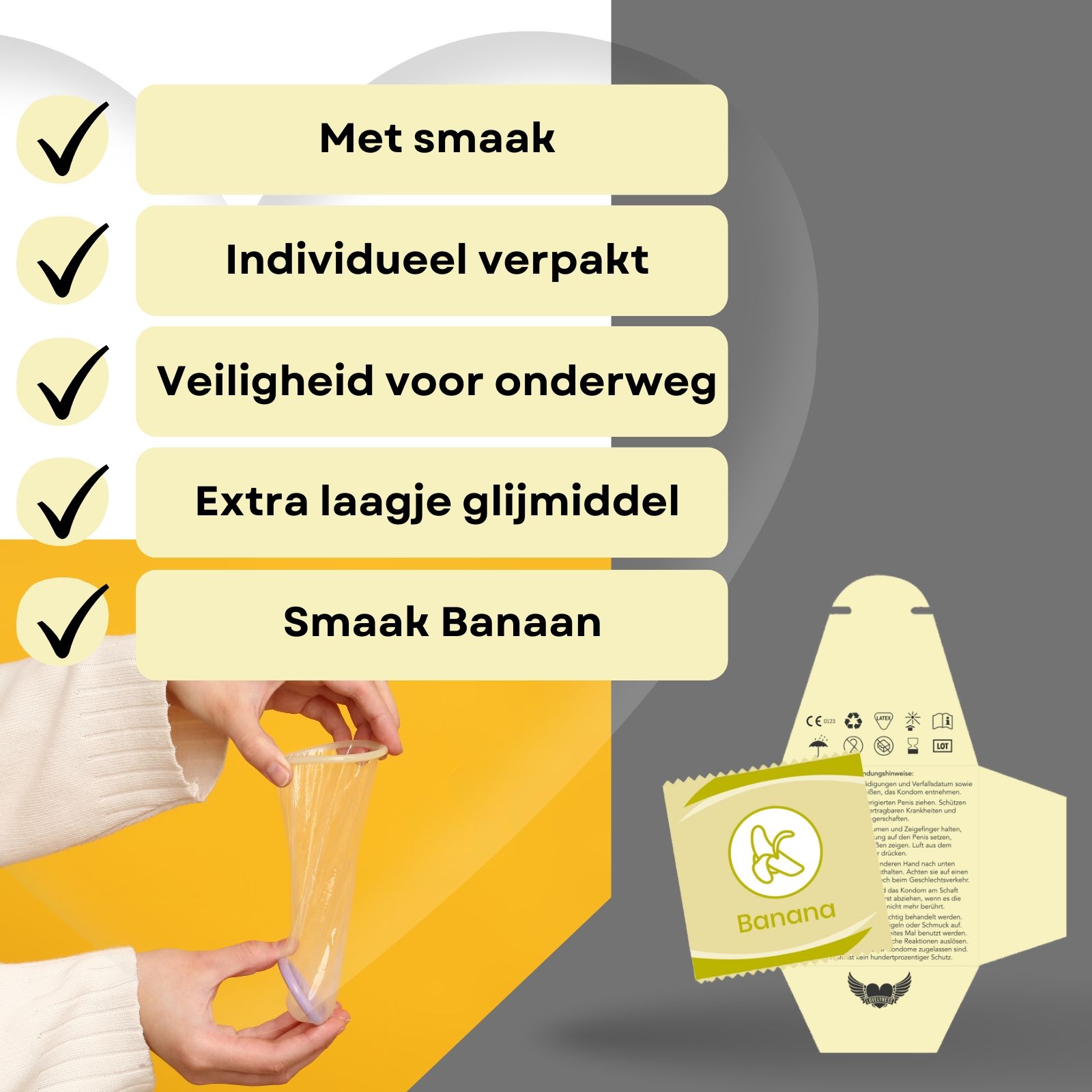 Condoomverpakking met tekst: Met smaak, Individueel verpakt, Veiligheid, Extra glijmiddel, Bananensmaak.