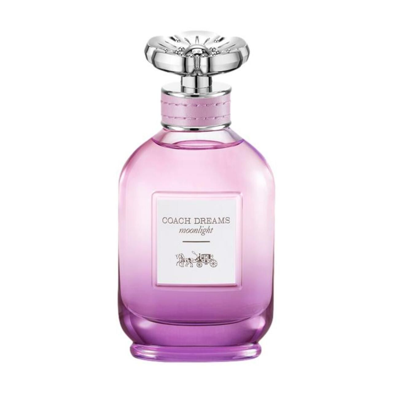 Parfumfles. Roze-paarse vloeistof, zilveren dop. Tekst: Coach Dreams Moonlight.