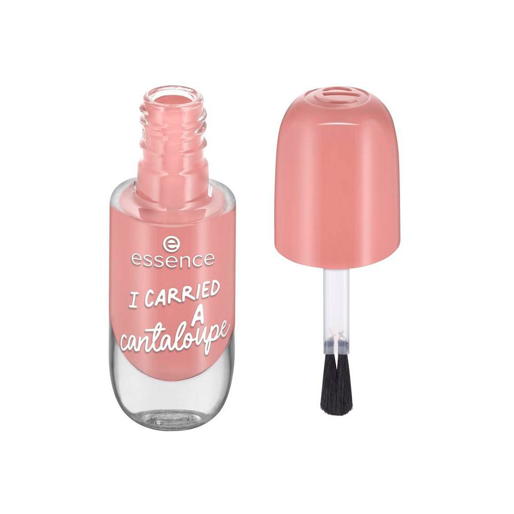 Flacon de vernis à ongles ouvert avec pinceau. Vernis à ongles rose avec texte "I carried a cantaloupe".