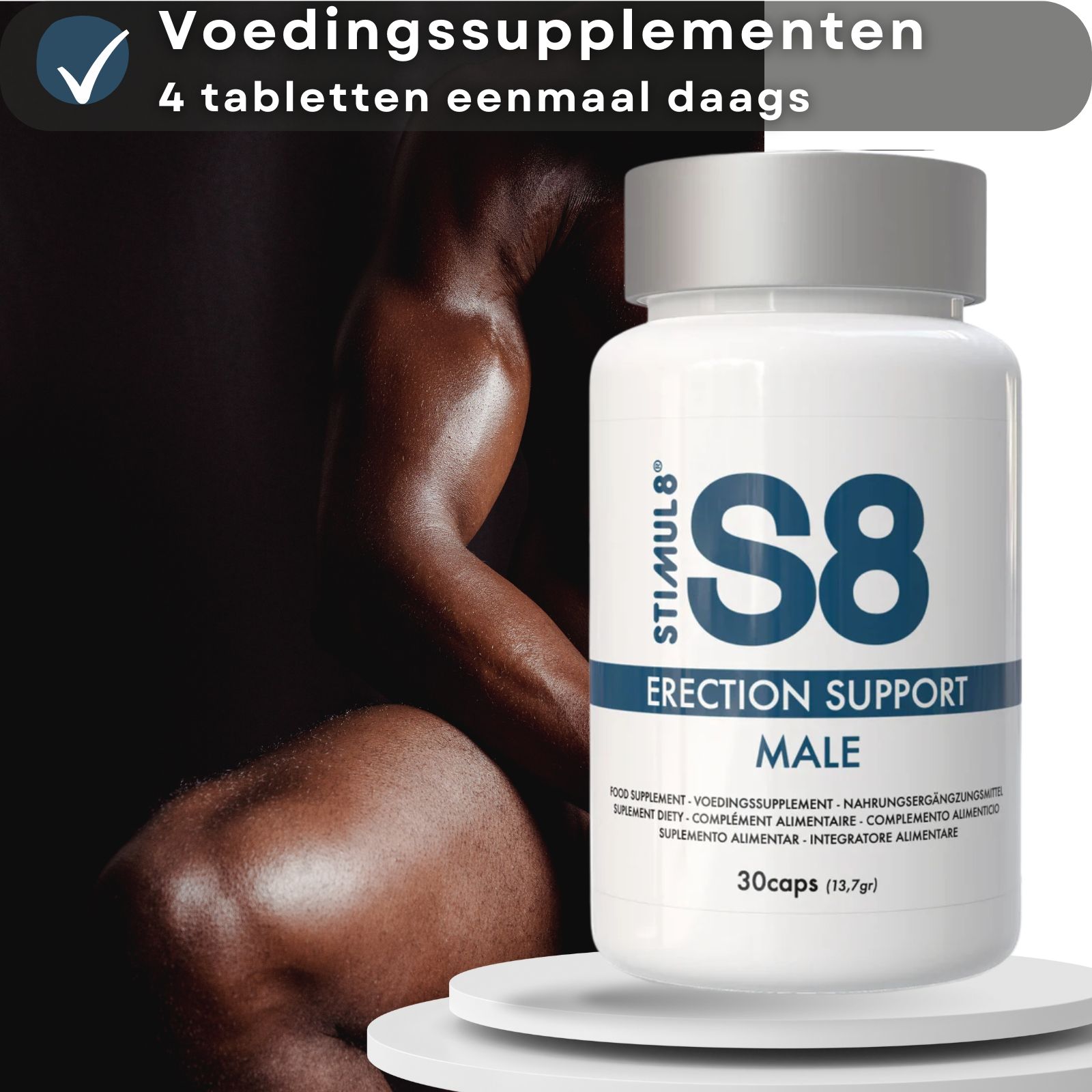 Fles voor een man. Tekst: Voedingssupplementen, 4 tabletten eenmaal daags.