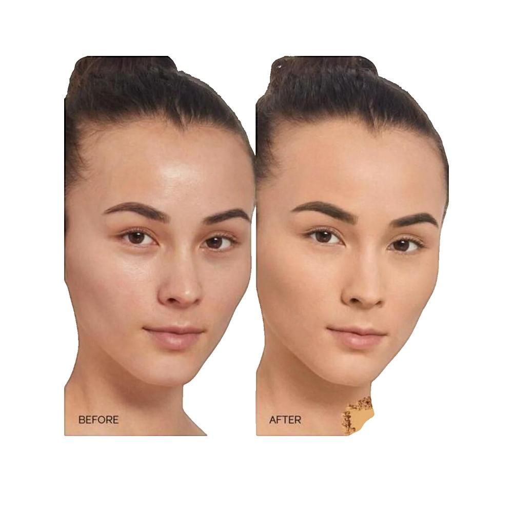 Voor-en-na vergelijking. Gezicht van een vrouw zonder en met make-up. Aangebracht poeder. Tekst: BEFORE, AFTER.