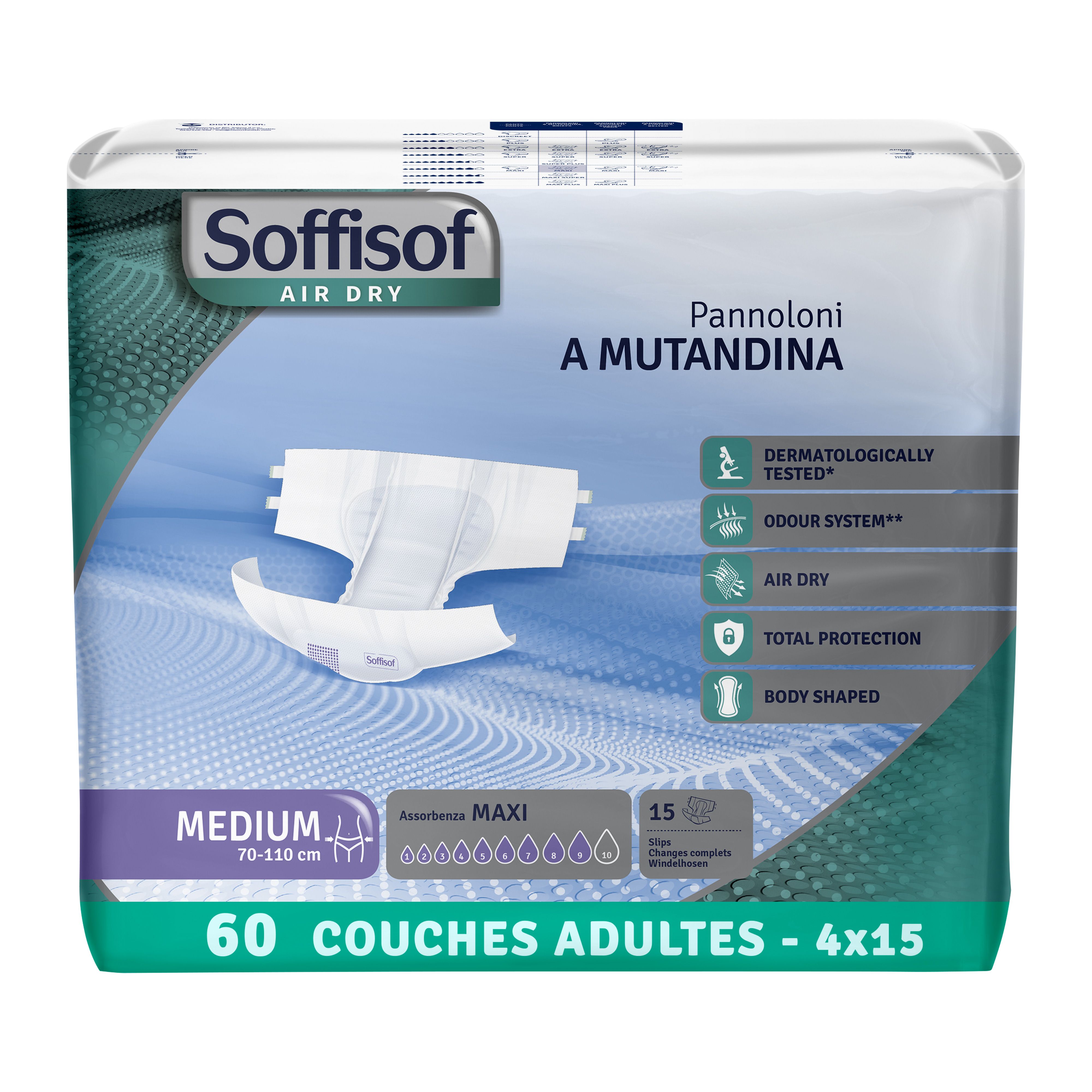 Paquet de couches pour adultes Soffisof Air Dry Maxi. Taille Medium, 70-110 cm. 60 couches. Testé dermatologiquement.