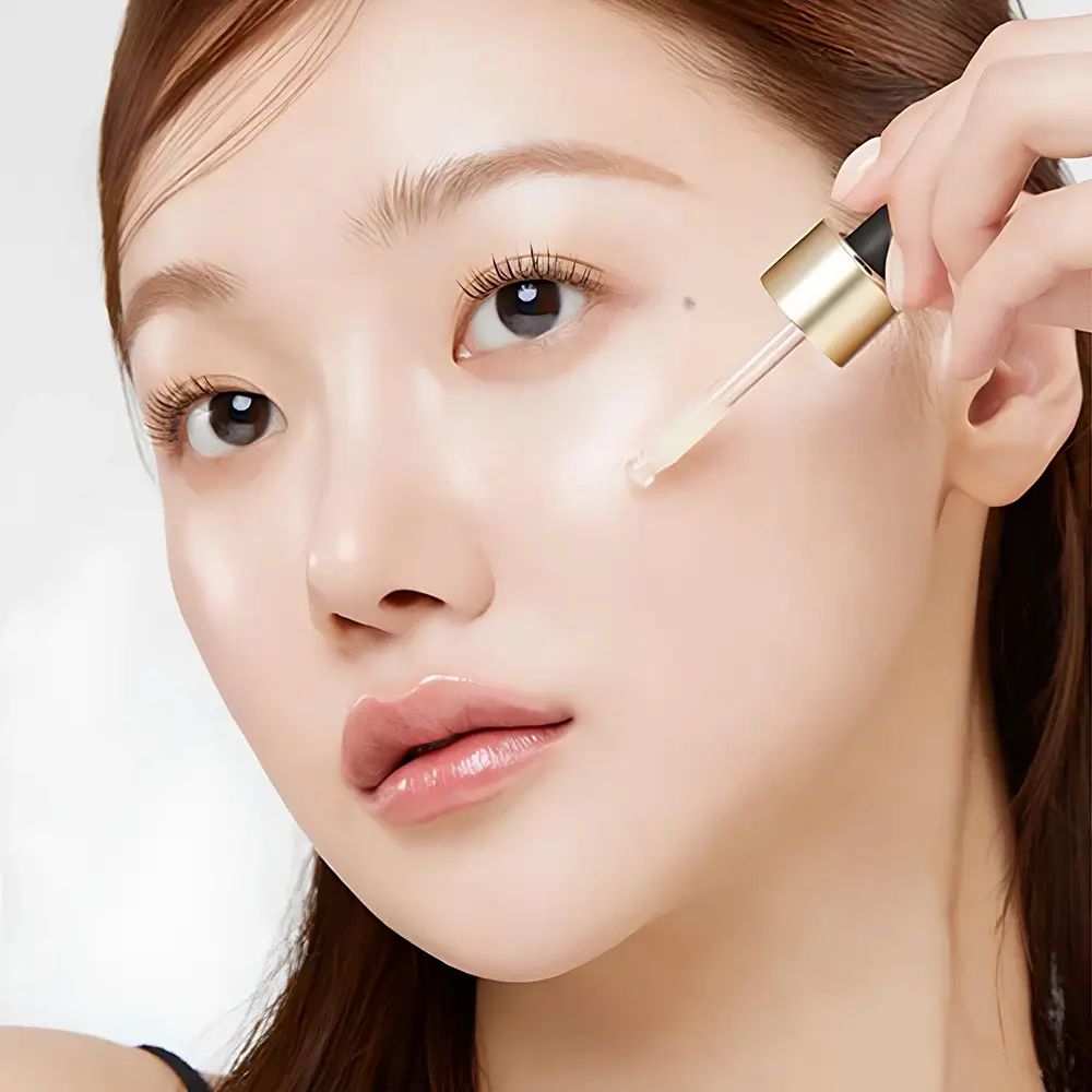 Vrouw brengt serum aan op gezicht met pipet. Huid glanst. Product niet zichtbaar.