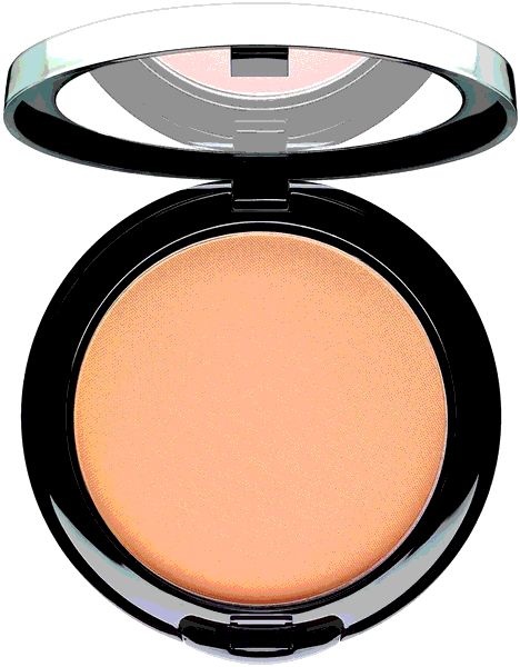 Open compactpoeder met lichtbruin poeder. Zwarte houder met zilverkleurige rand en deksel. Spiegel in deksel.