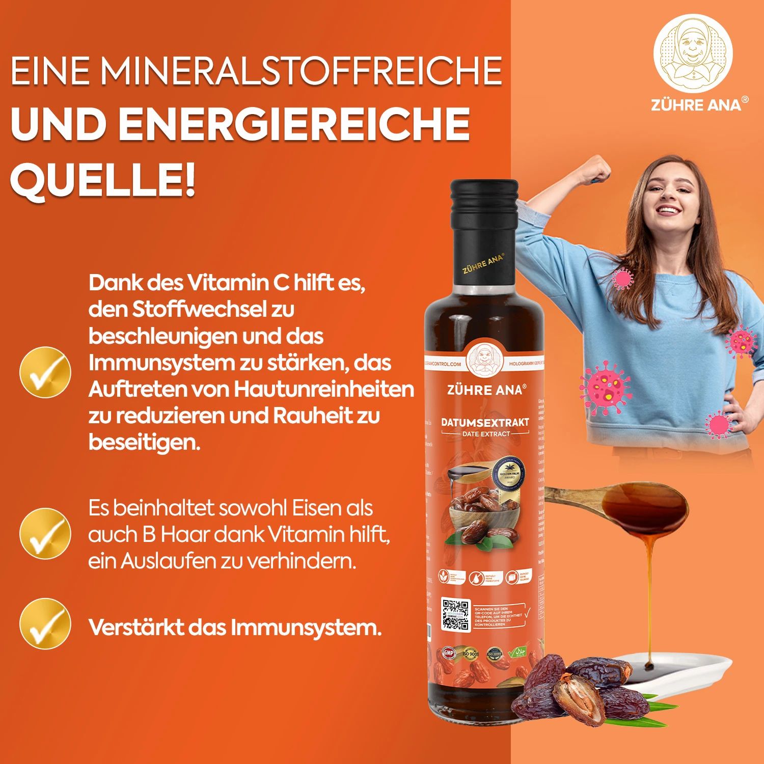 Bouteille d'extrait de datte Zühre Ana, femme bras levés. Texte sur les minéraux, l'énergie, le système immunitaire et la santé de la peau.
