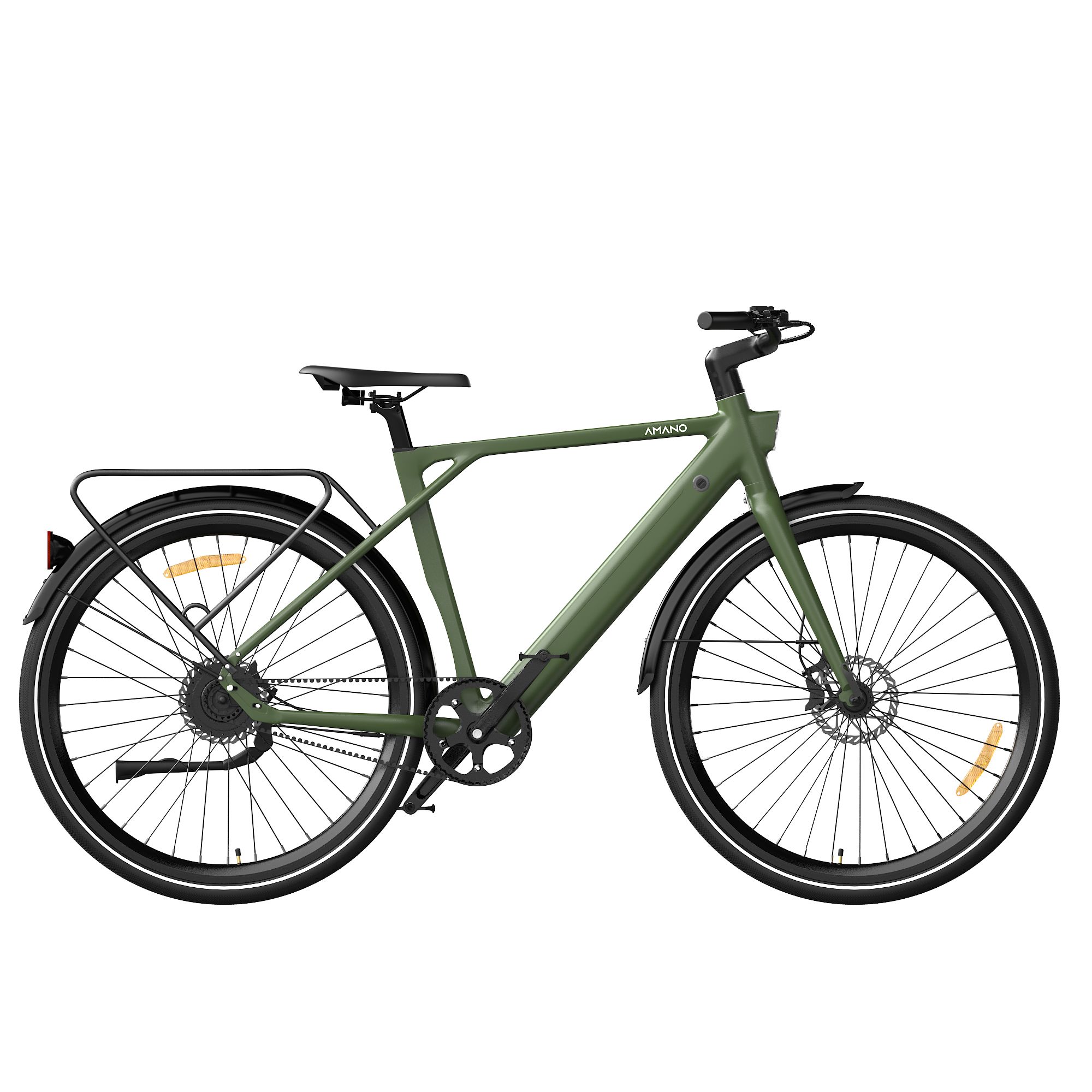 Groene e-bike met zwart frame, bagagerek en banden. Merk AMANO.