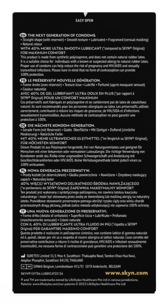 Zwarte achterkant van de verpakking. Tekst: De volgende generatie condooms. 40% meer glijmiddel. Glad oppervlak. Informatie.