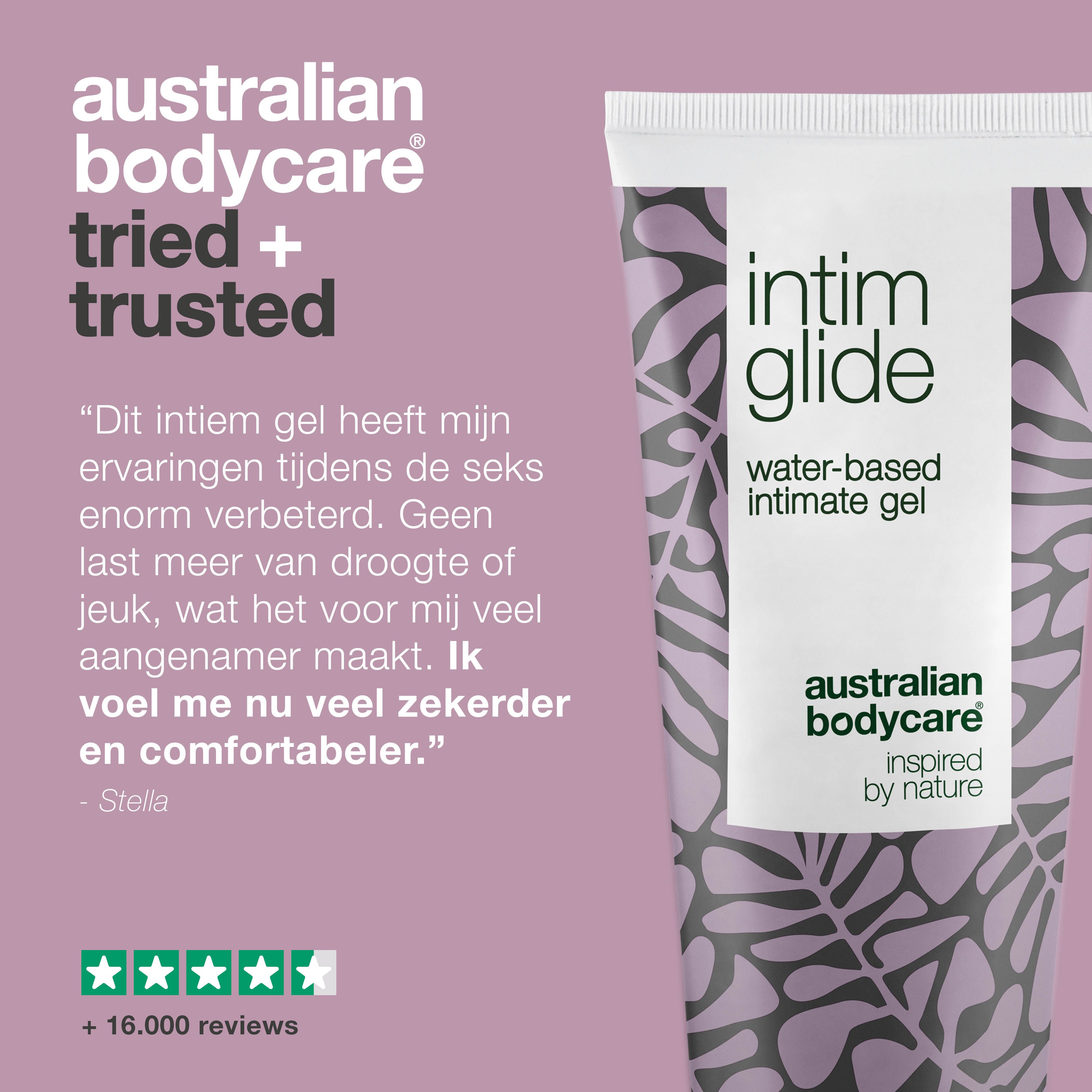 Australian Bodycare. Ervaring. Intieme glijmiddel. Op waterbasis. Merk: Australian Bodycare. Paarse achtergrond.