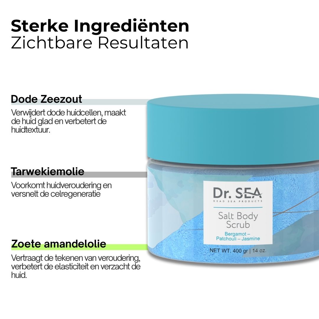 Product met tekst: Sterke Ingrediënten. Dode Zeezout, Tarwekiemolie, Zoete amandelolie. Productnaam zichtbaar.