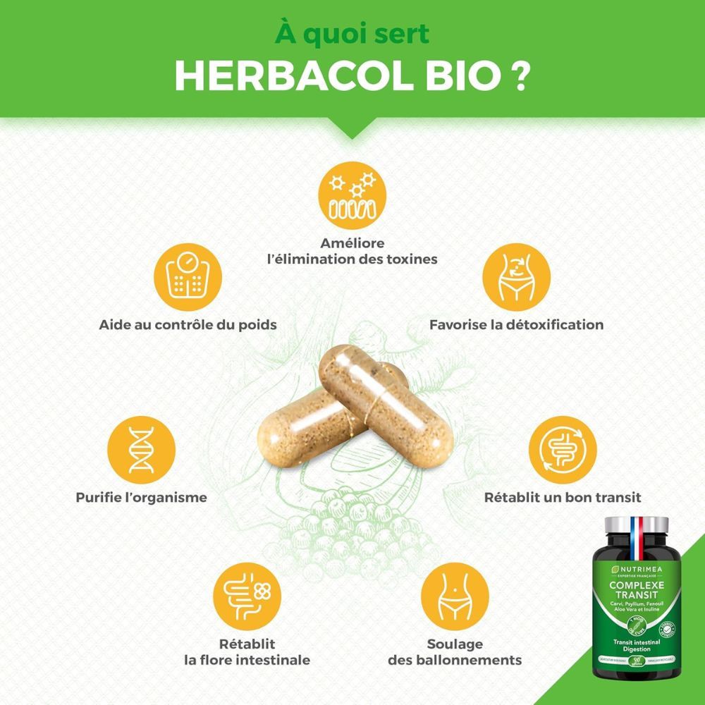 Graphique avec gélules et icônes. HERBACOL BIO, améliore la détoxification, la digestion, la flore intestinale, soulage les ballonnements.