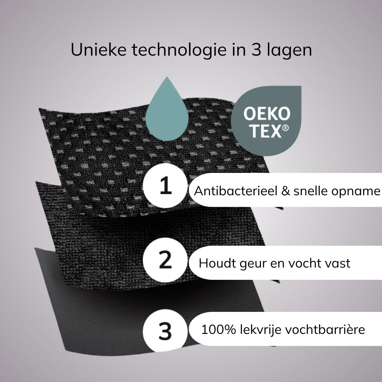 3-laagse technologie: antibacterieel, geur- en vochtbindend, lekvrije barrière. OEKO-TEX gecertificeerd.