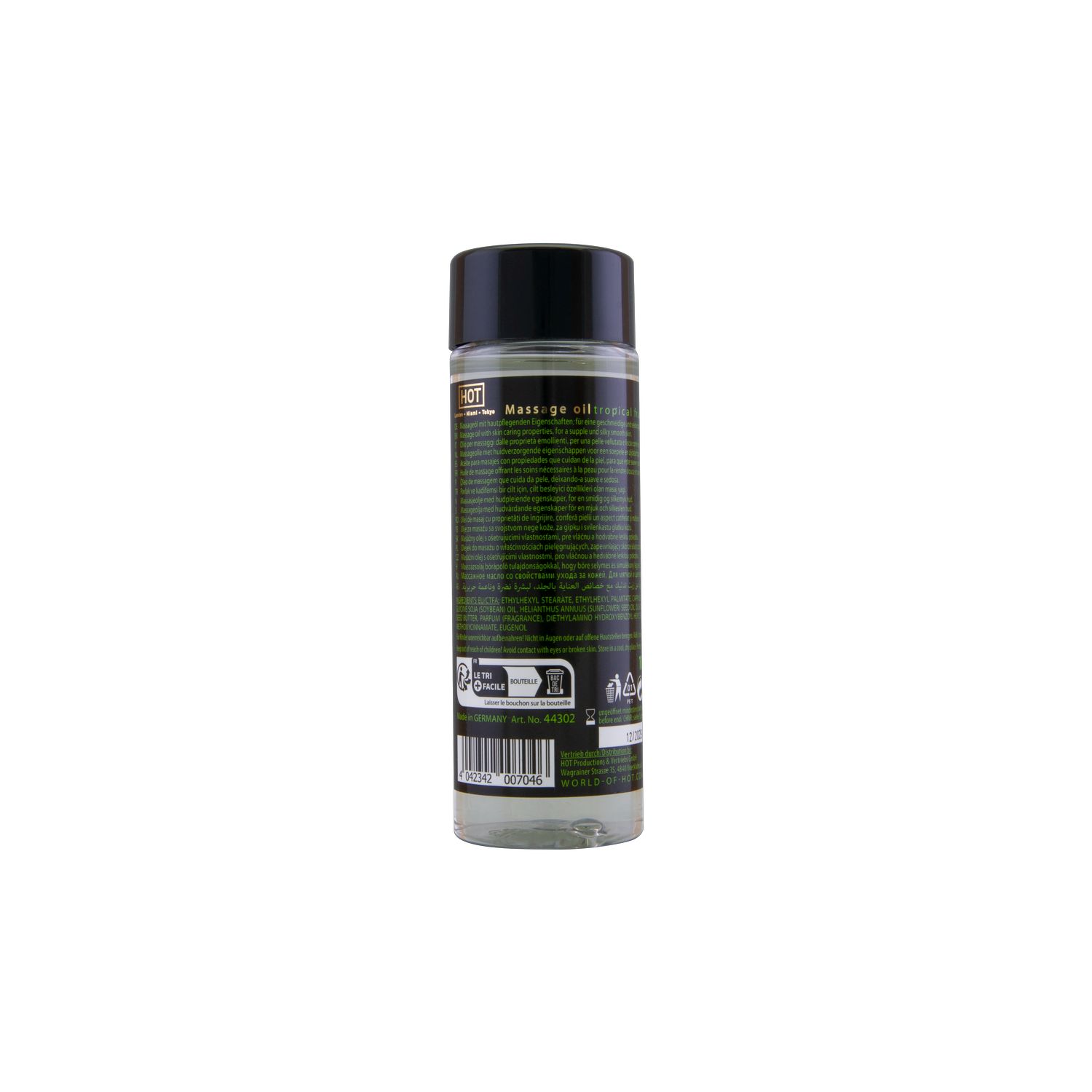 Flacon cylindrique avec bouchon noir. Étiquette avec texte et code-barres. Nom du produit non visible.