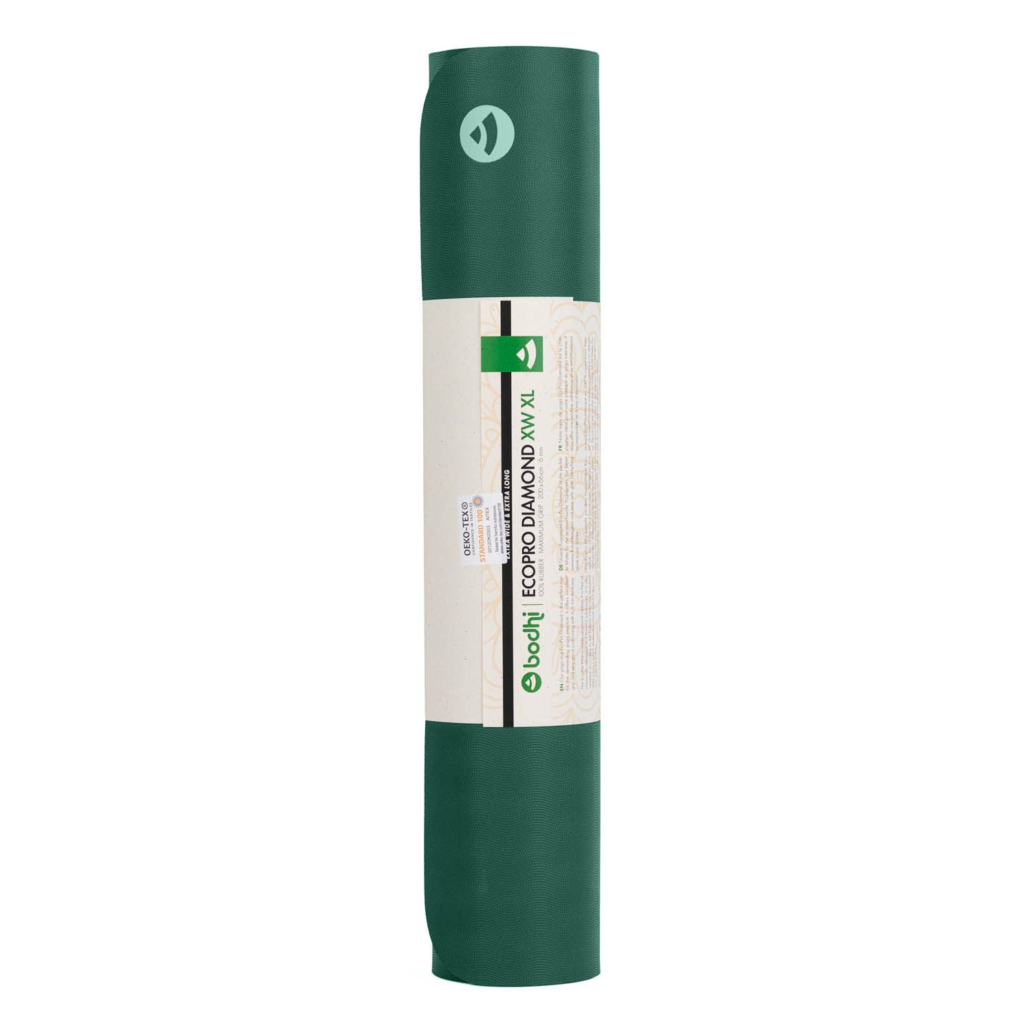 Opgerolde groene yogamat met papieren band. Opdruk: bodhi EcoPro Diamond XW XL.