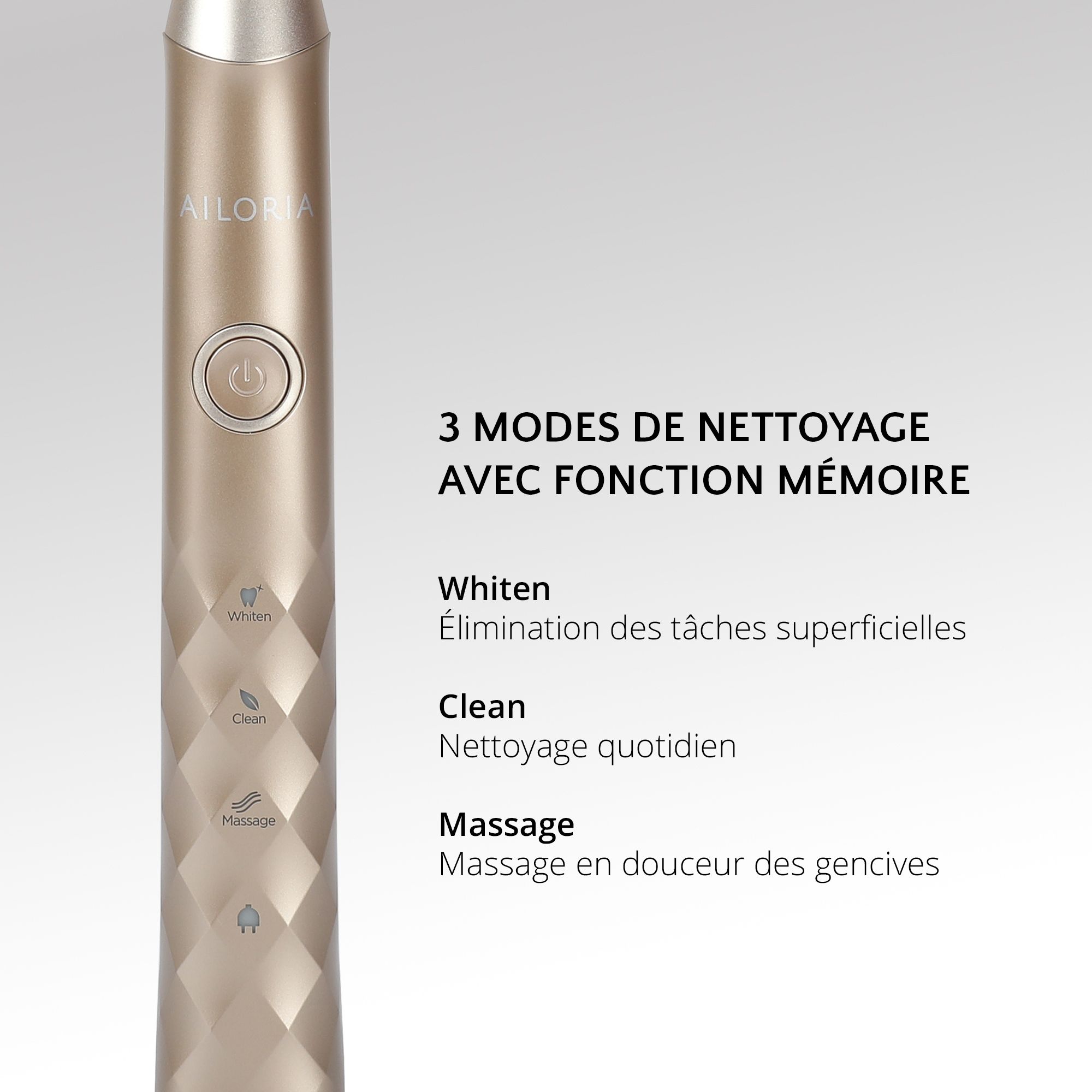 Brosse à dents dorée avec trois modes de nettoyage : Whiten, Clean, Massage. AILORIA.