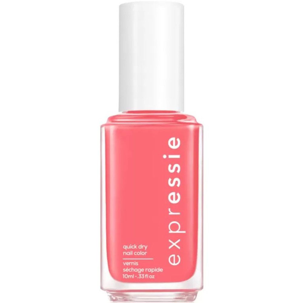 Flacon de vernis à ongles Essie Expressie rose, bouchon blanc. Inscription 'expressie'.