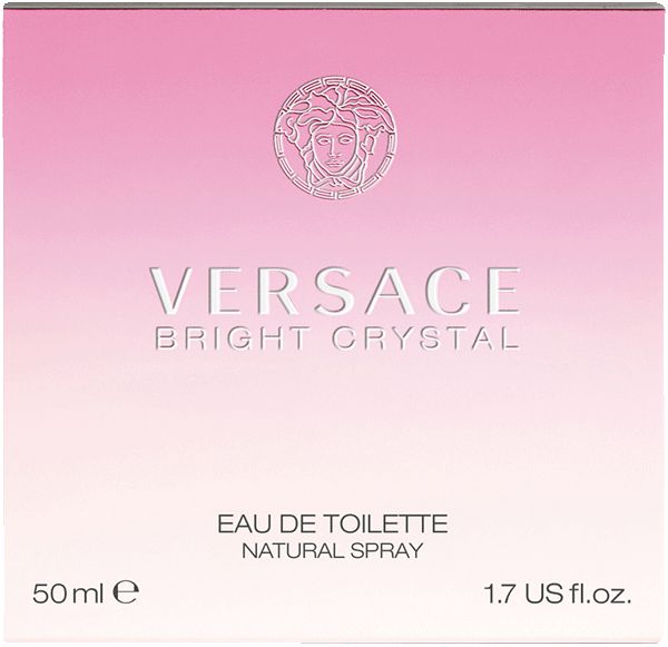 Roze verpakking van Versace Bright Crystal Eau de Toilette Spray. Tekst: Versace, Bright Crystal, Eau de Toilette, Natural Spray.