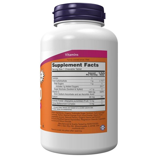 Dos de la boîte Now Foods Chewable C-500, 100 comprimés. Contient les informations nutritionnelles et les ingrédients.