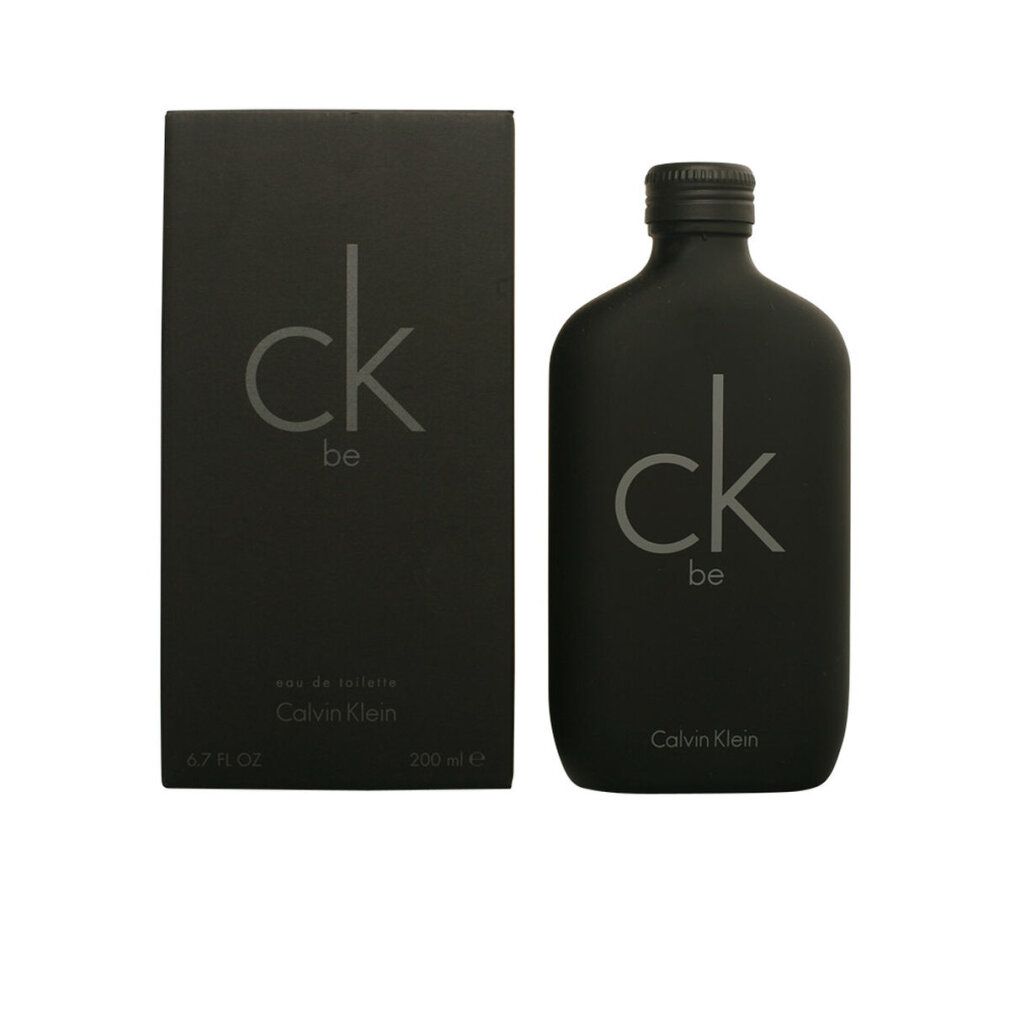 Flacon et boîte noirs Calvin Klein CK Be Eau de Toilette. Inscription : ck be, Calvin Klein.