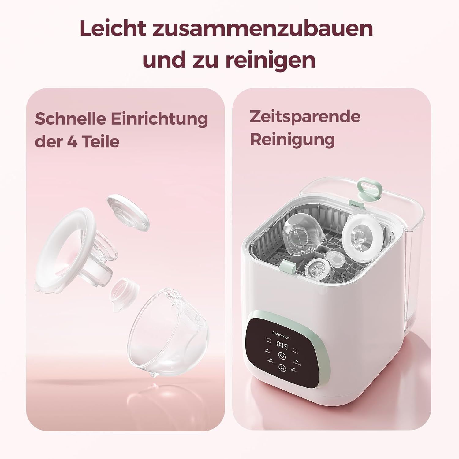 Tire-lait Momcozy : assemblage facile et nettoyage rapide dans un stérilisateur.