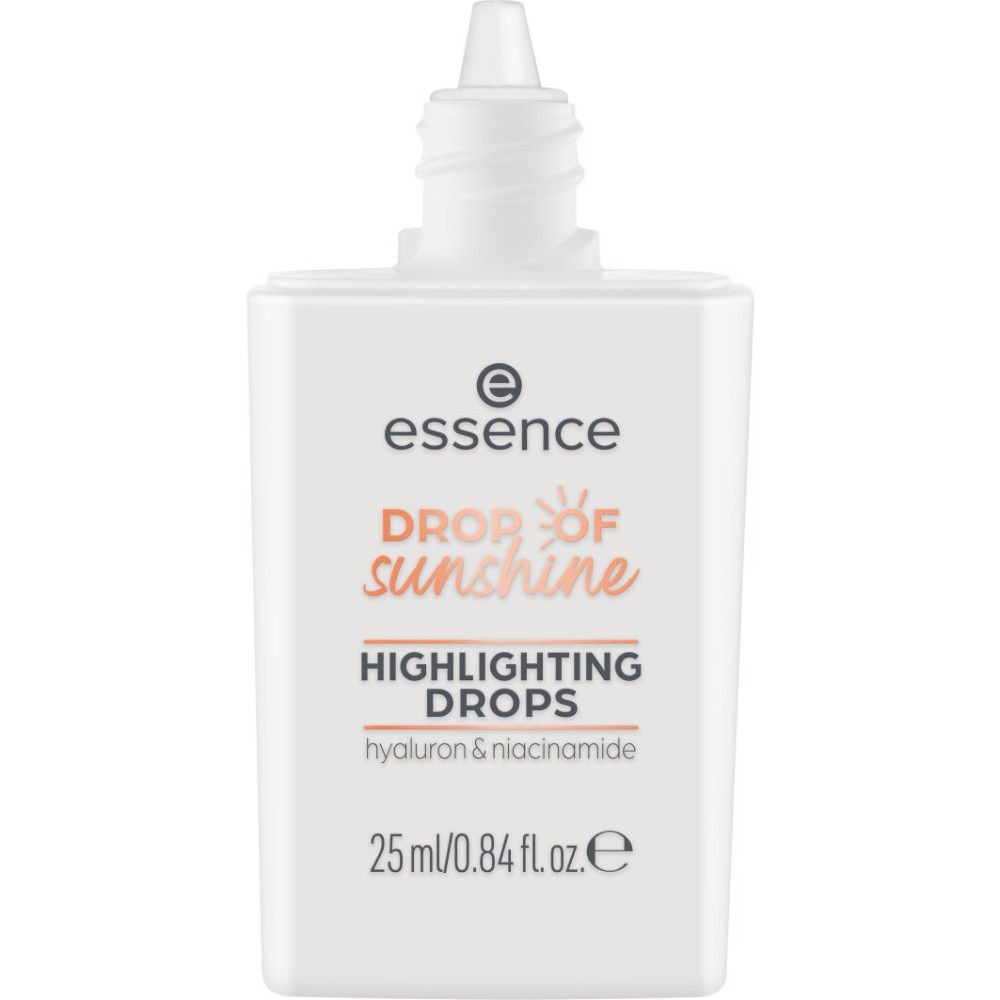 Flacon blanc avec applicateur. Inscription : essence, Drop of Sunshine, Highlighting Drops, Hyaluron & Niacinamide. 25 ml/0.84 fl. oz. e.