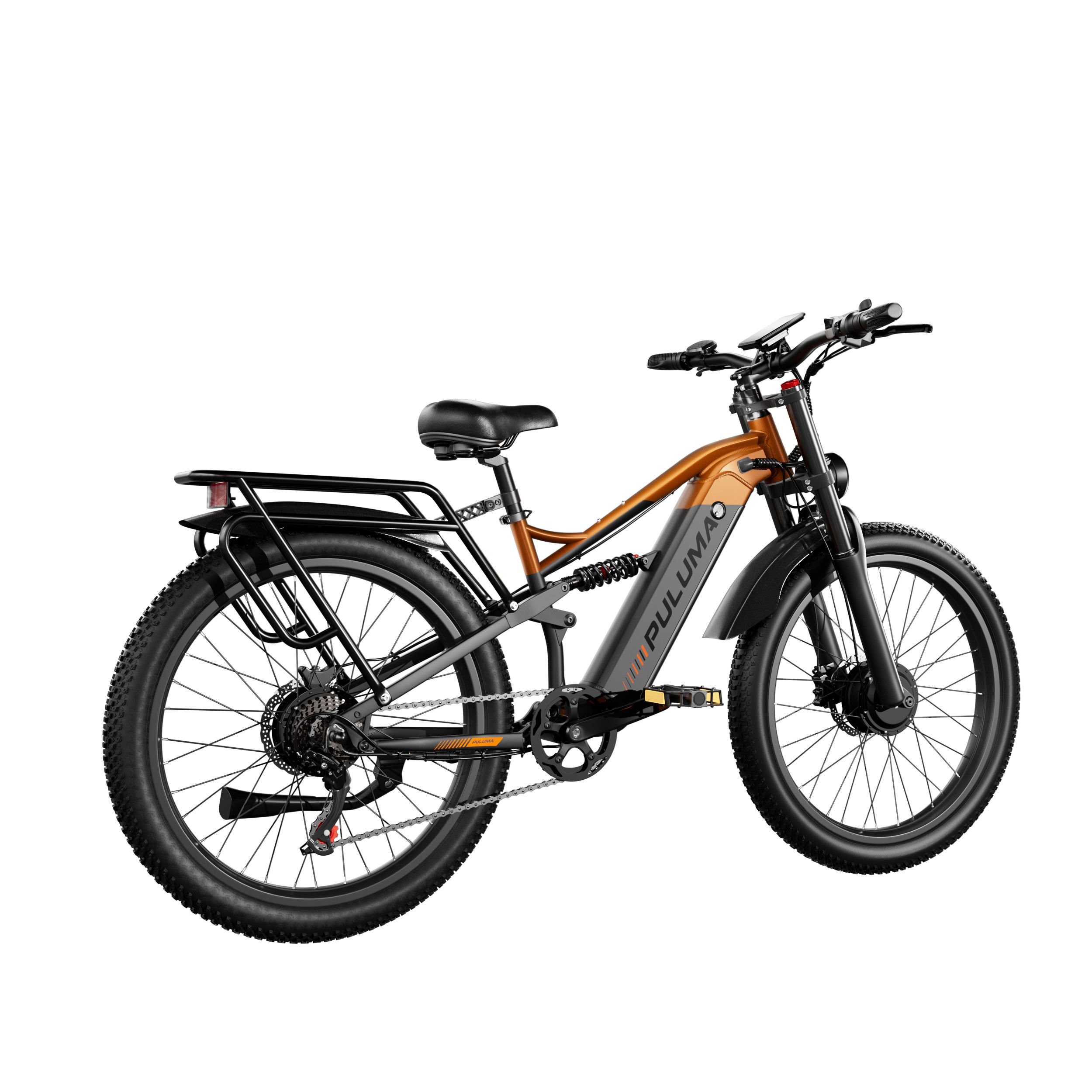 Vélo électrique PULUMA PE86 Pro avec double moteur. Cadre orange, pneus noirs et porte-bagages. Vue latérale.