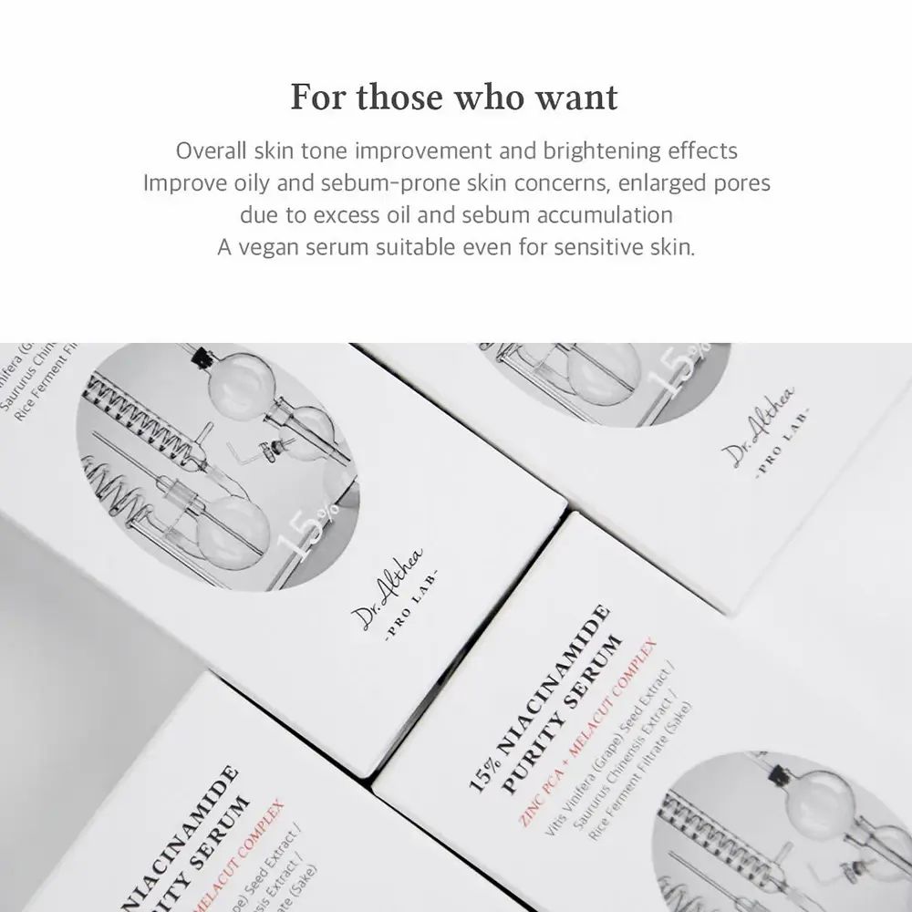 Plusieurs boîtes du produit "Dr. Althea 15% Niacinamide Purity Serum" en perspective oblique.