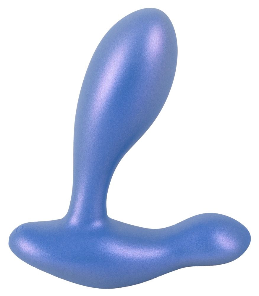 Vibrateur anal bleu à surface chatoyante, forme courbée pour le confort.