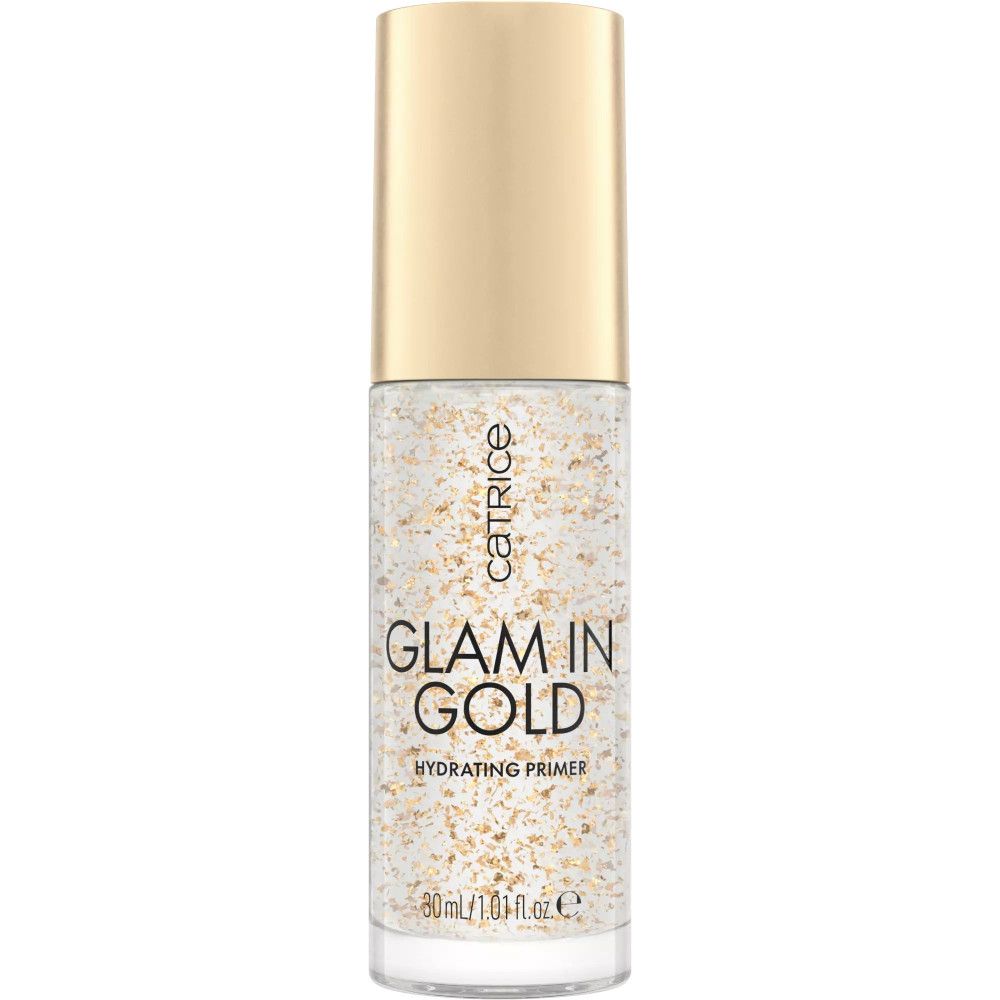 Catrice Glam In Gold Hydrating Primer. Flacon doré et contenu transparent avec particules dorées. Inscription visible.