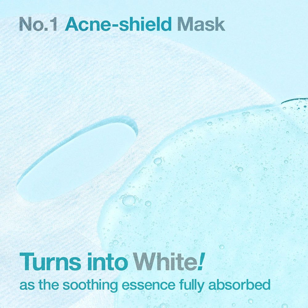 Acne-schildmasker met kalmerende essence die wit wordt wanneer volledig geabsorbeerd.