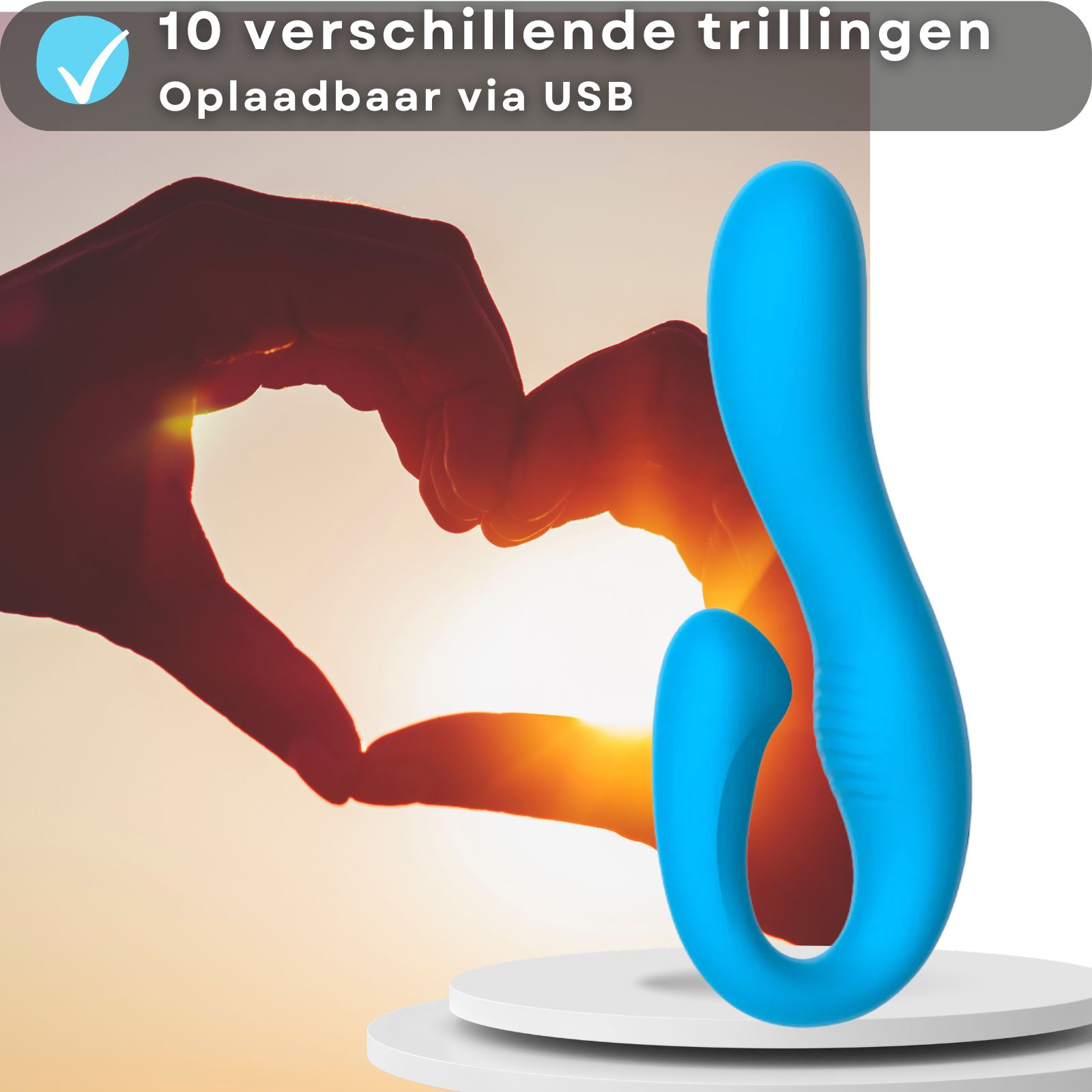 Blauwe vibrator met tekst. 10 vibraties, USB oplaadbaar.