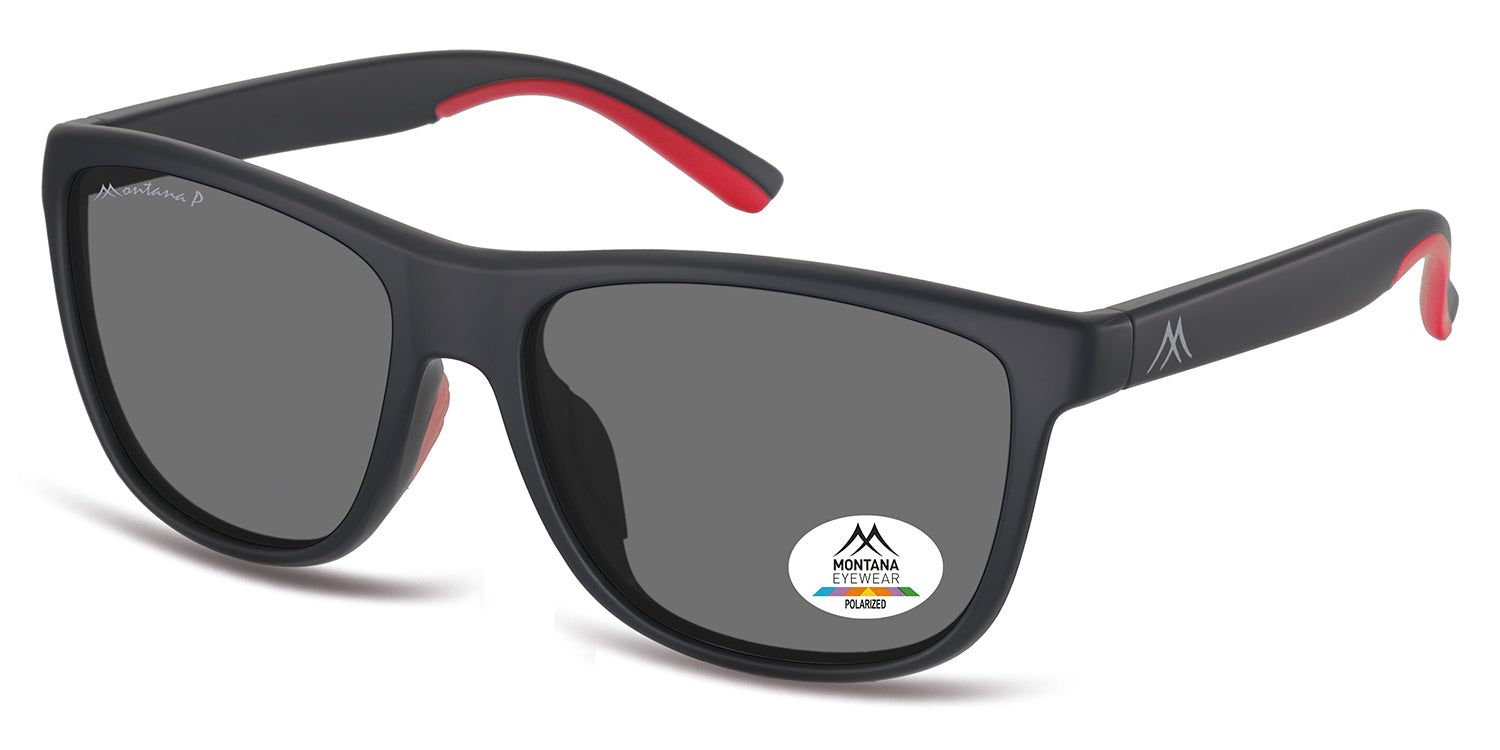 Lunettes de soleil noires avec verres gris. Accents rouges sur les branches. Logo Montana Eyewear. Polarisées.