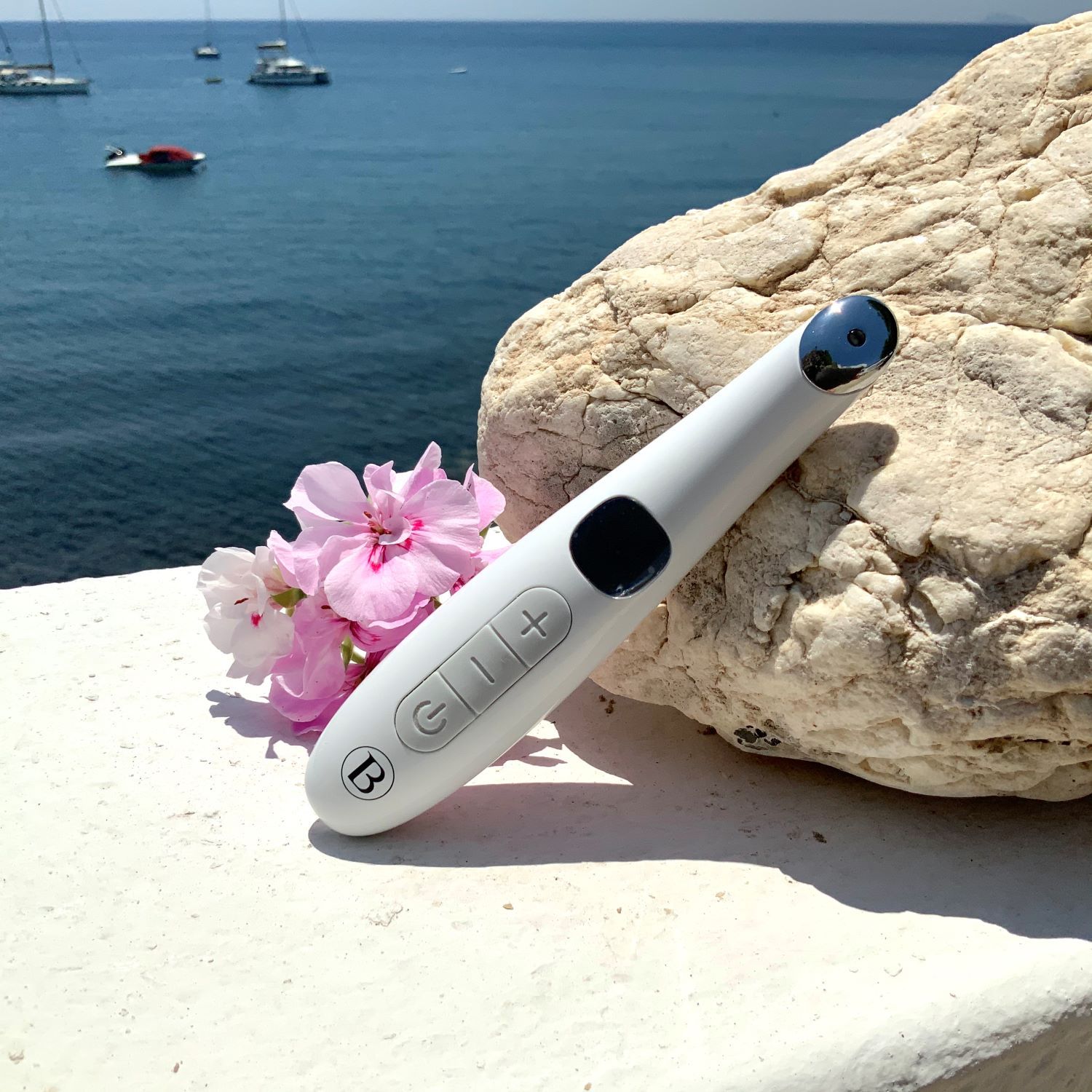 Appareil blanc avec écran, boutons et pointe rouge. Devant la mer et des rochers. Fleurs roses.
