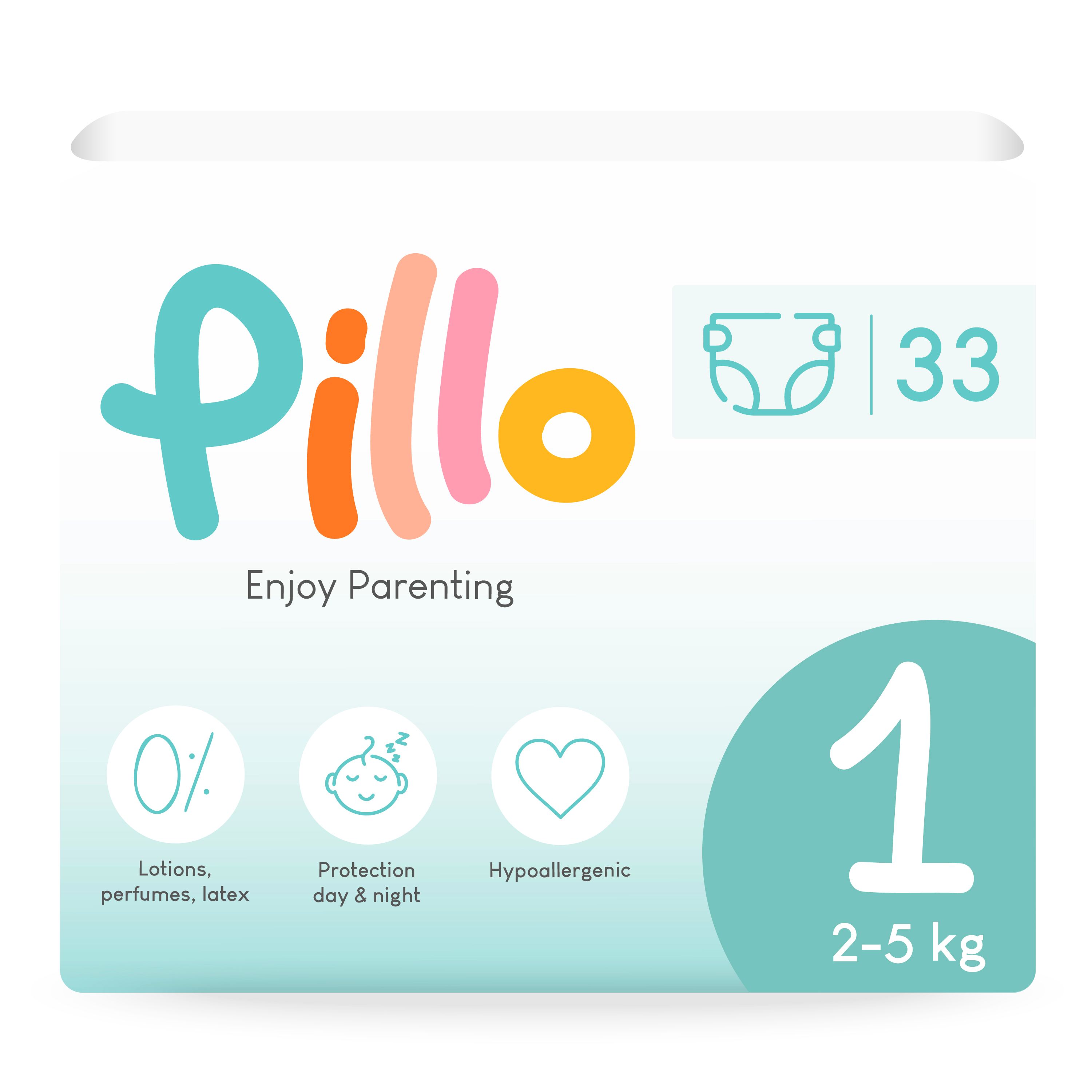 Pillo luiers, maat 1, 2-5 kg, verpakking. Opschriften: 0% lotions, parfums, latex, dag- en nachtbescherming, hypoallergeen. 33 stuks.