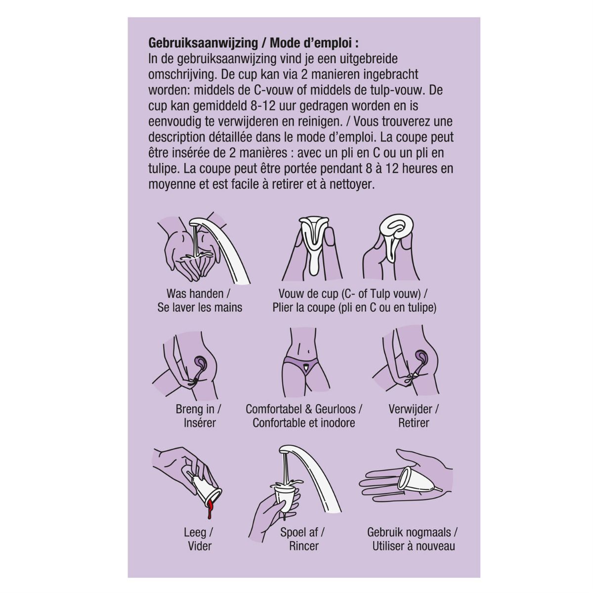 Instructies voor het gebruik van de menstruatiecup. Illustraties. Handen wassen, inbrengen, verwijderen, spoelen.