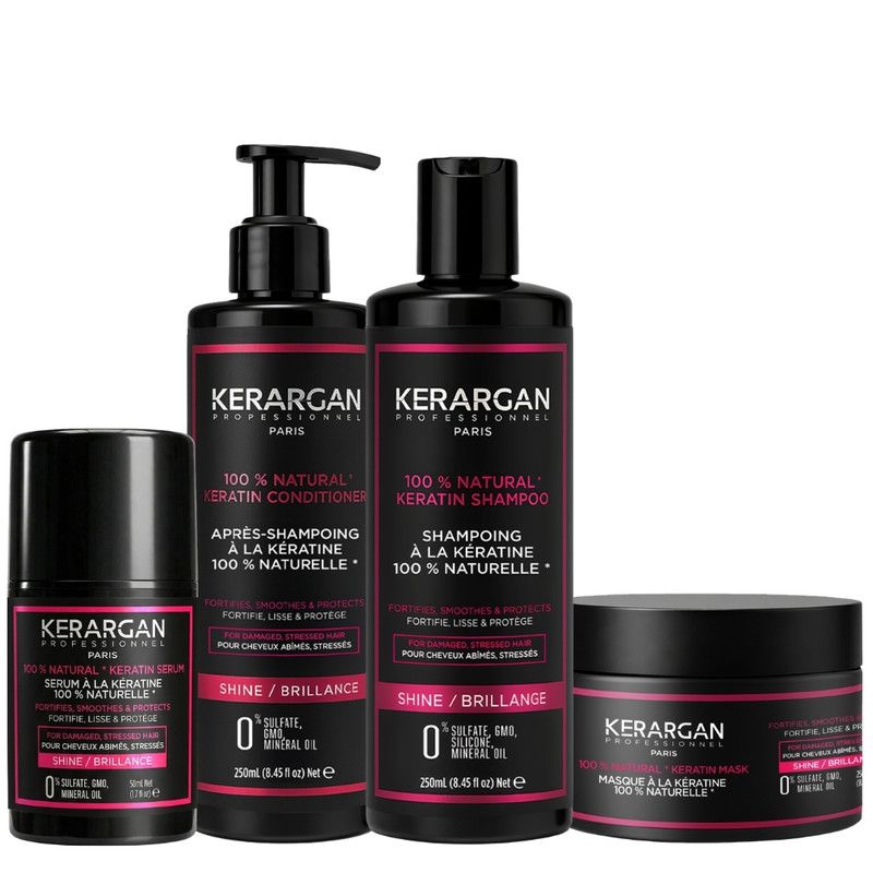 Kerargan haarverzorgingsset. Vier zwarte flacons: shampoo, conditioner, serum en masker. Opschrift: 100% Natural Keratin.