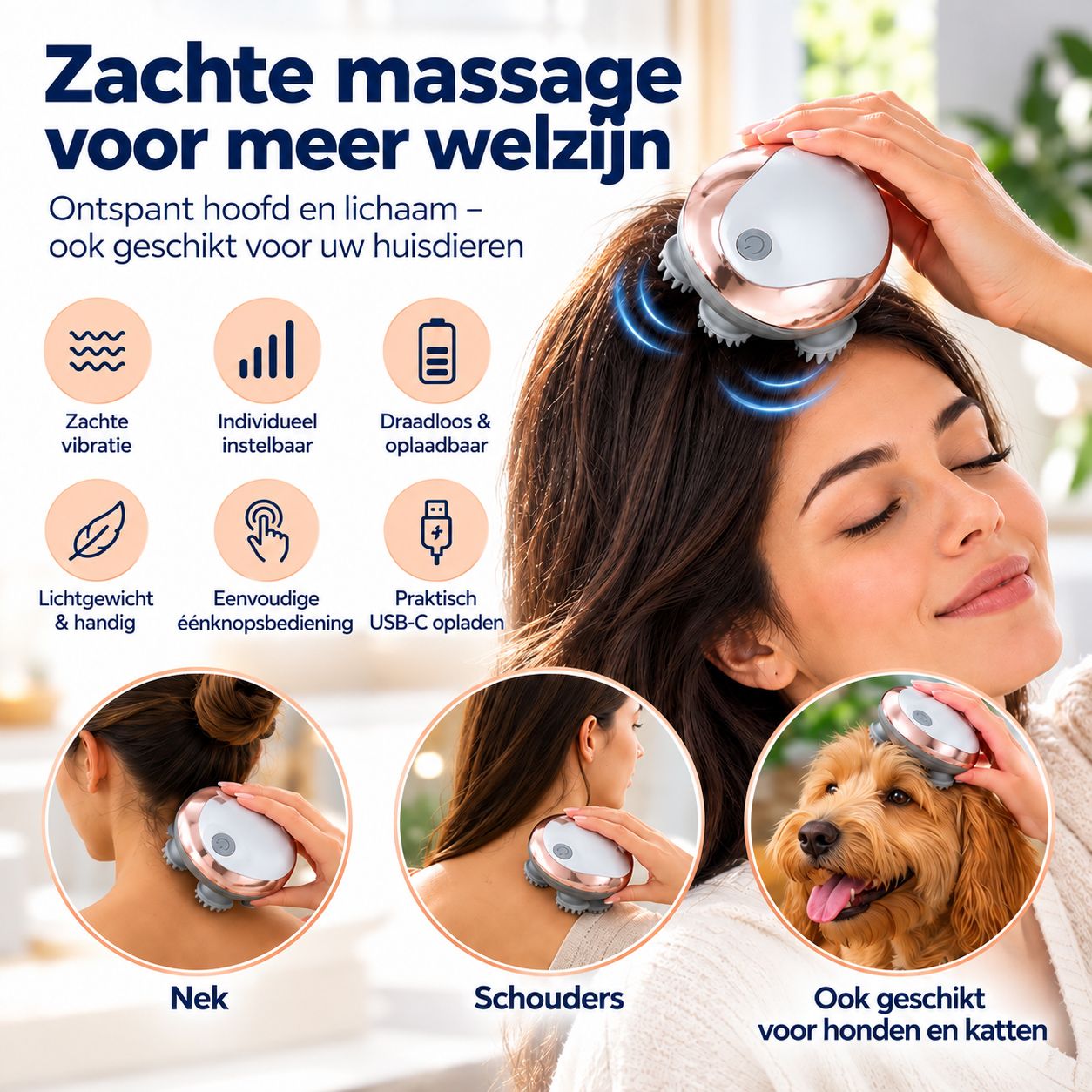 Hoofdmassager met vier siliconen massagekoppen, liggend op een marmeren oppervlak.