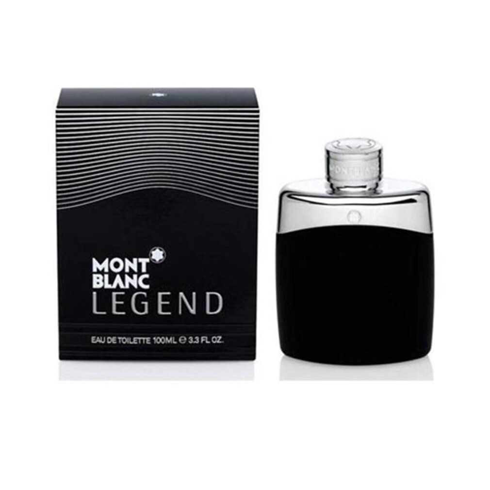 Flacon noir et emballage. Inscription: MONTBLANC LEGEND. Eau de Toilette. Flacon avec bouchon argenté.