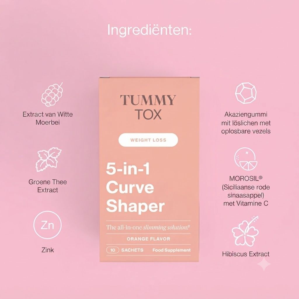 Tummy Tox 5-in-1 Curve Shaper doos met gewichtsverlies vermelding en sinaasappelsmaak.