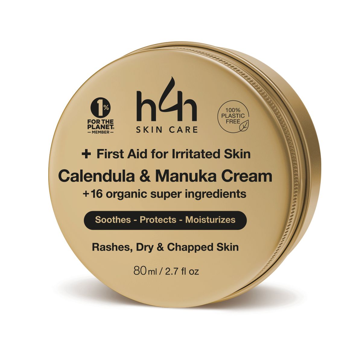 Ronde pot met tekst: H4H Skin Care, + First Aid for Irritated Skin, Calendula & Manuka Cream. 80ml/2.7 fl oz.