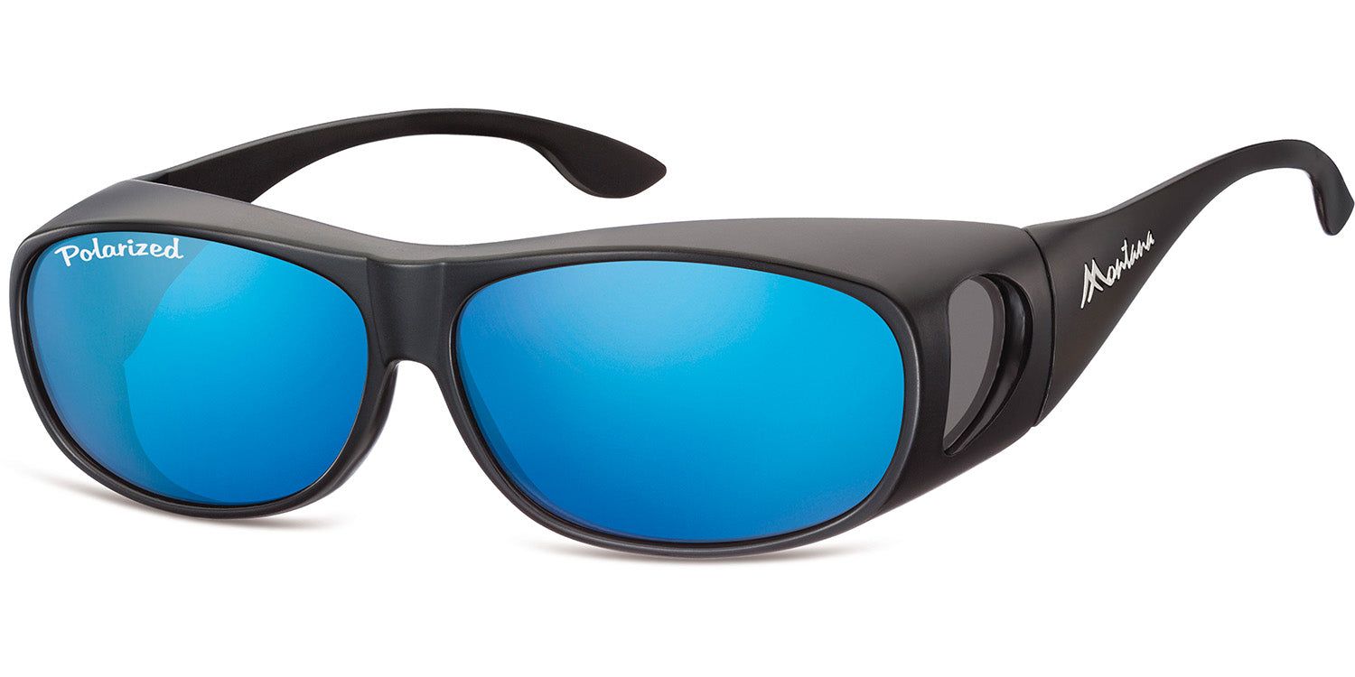 Lunettes de soleil noires avec verres bleus. "Polarized" sur la lentille gauche. Logo Montana sur la branche.