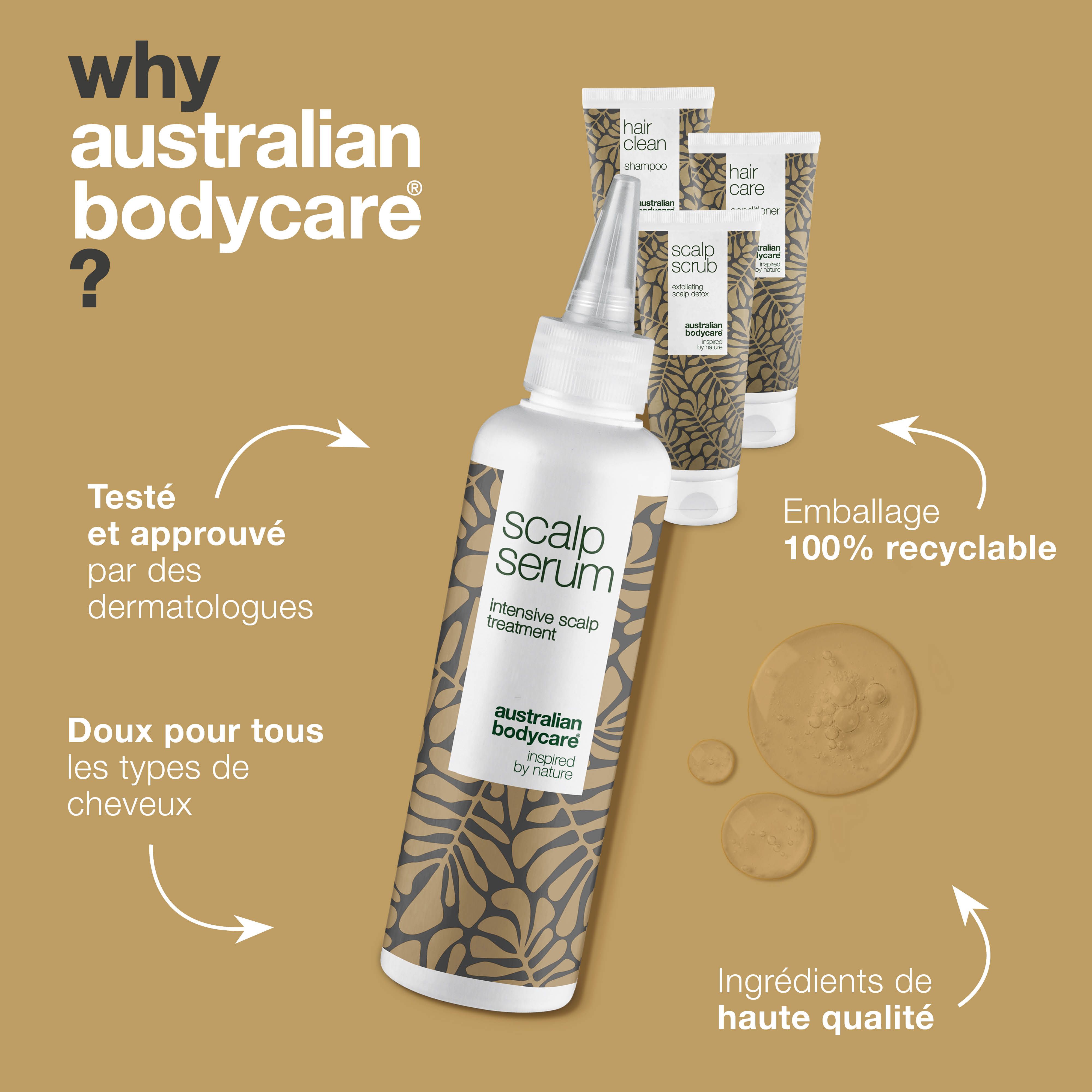 Flacon de sérum avec des produits. Texte : emballage 100 % recyclable. Texte : ingrédients de haute qualité. Texte : testé dermatologiquement.