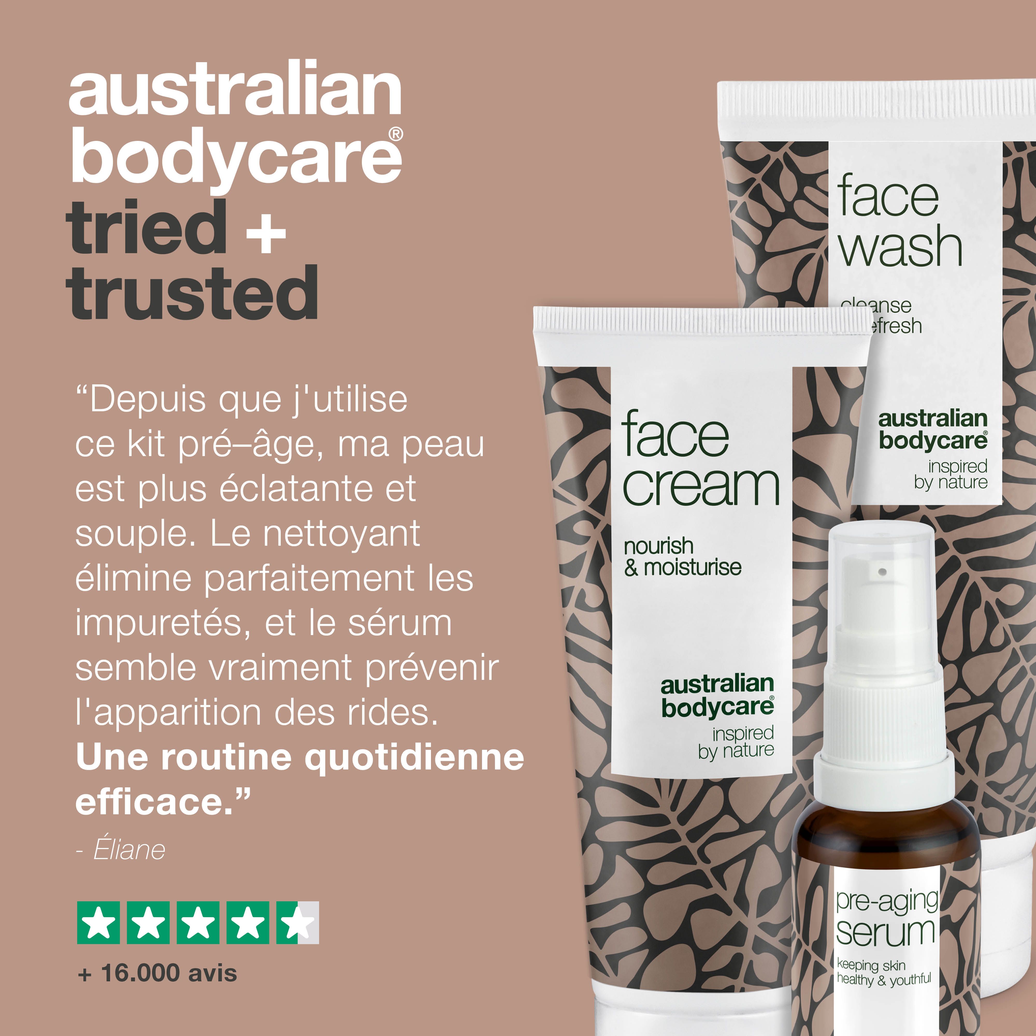 Trois produits : Face Wash, Face Cream, Pre-Aging Serum. Texte : témoignage avec 5 étoiles et plus de 16 000 avis.
