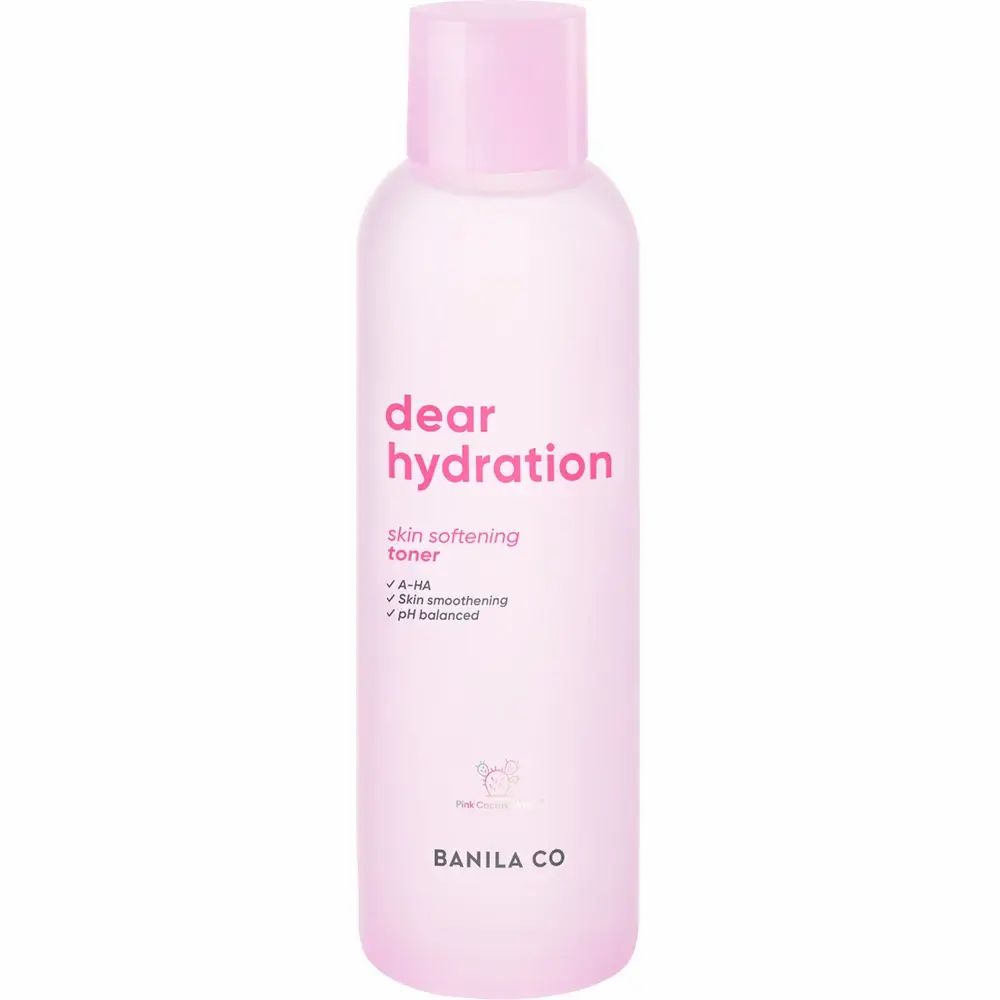 Roze fles met roze dop. Opschrift: dear hydration, skin softening toner. Merk: BANILA CO.