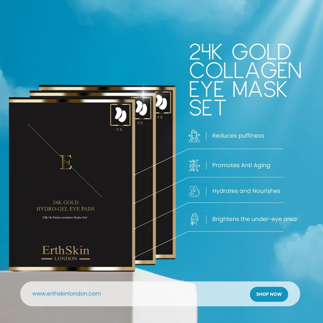 Drie zwarte dozen met gouden rand. Op de dozen staat "24K GOLD COLLAGEN EYE MASK SET" en "ErthSkin London".