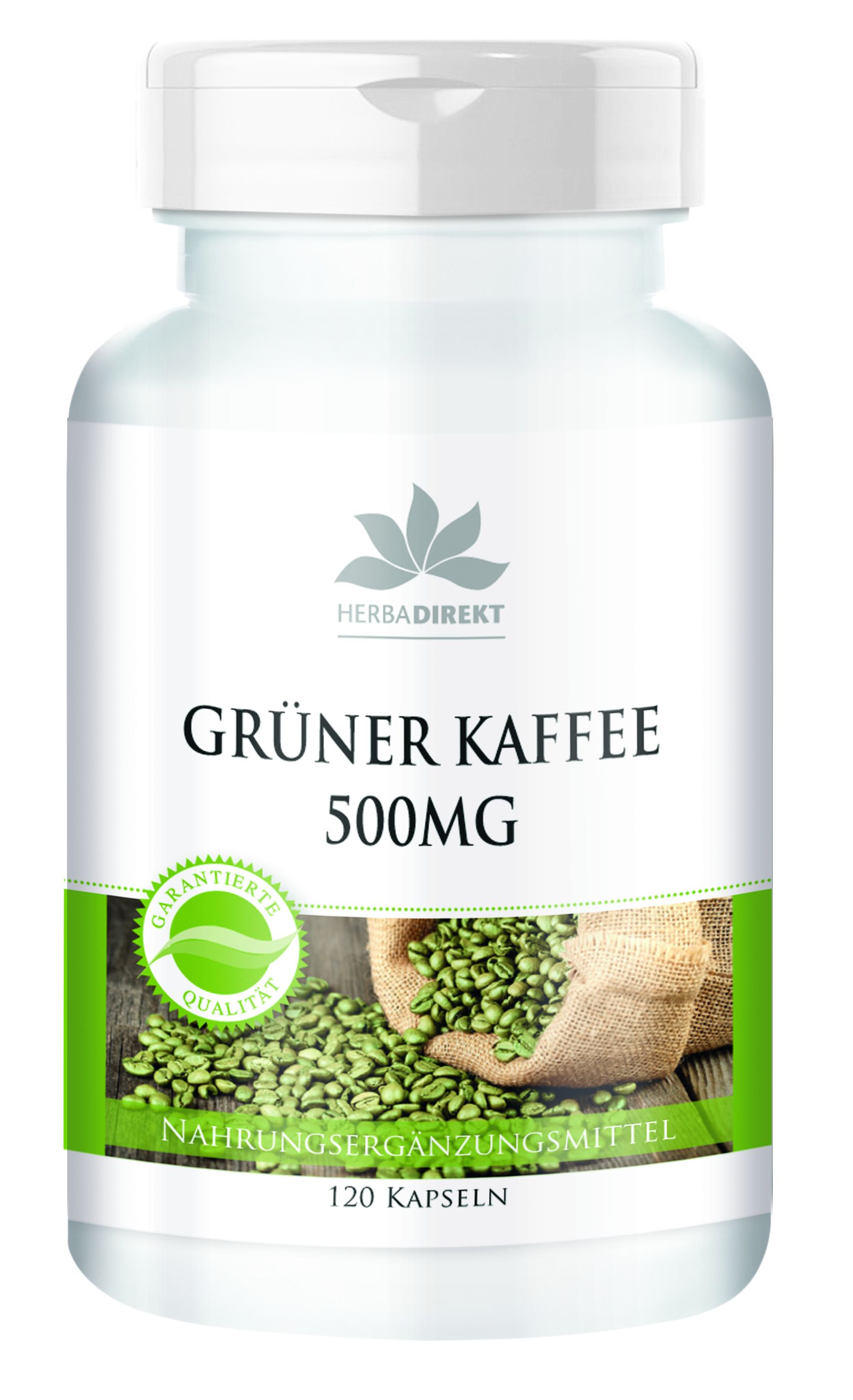 Flacon blanc avec étiquette verte. Inscription: GRÜNER KAFFEE 500MG. Illustration de grains de café vert. Sceau: Qualité garantie. 120 gélules.