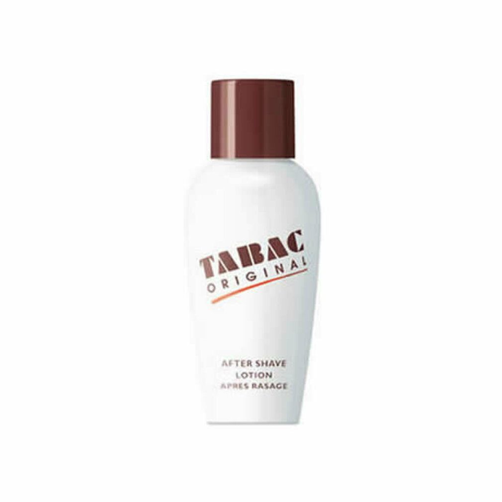 Flacon blanc avec bouchon marron. Logo et texte Tabac Original. Lotion après-rasage. Après Rasage.