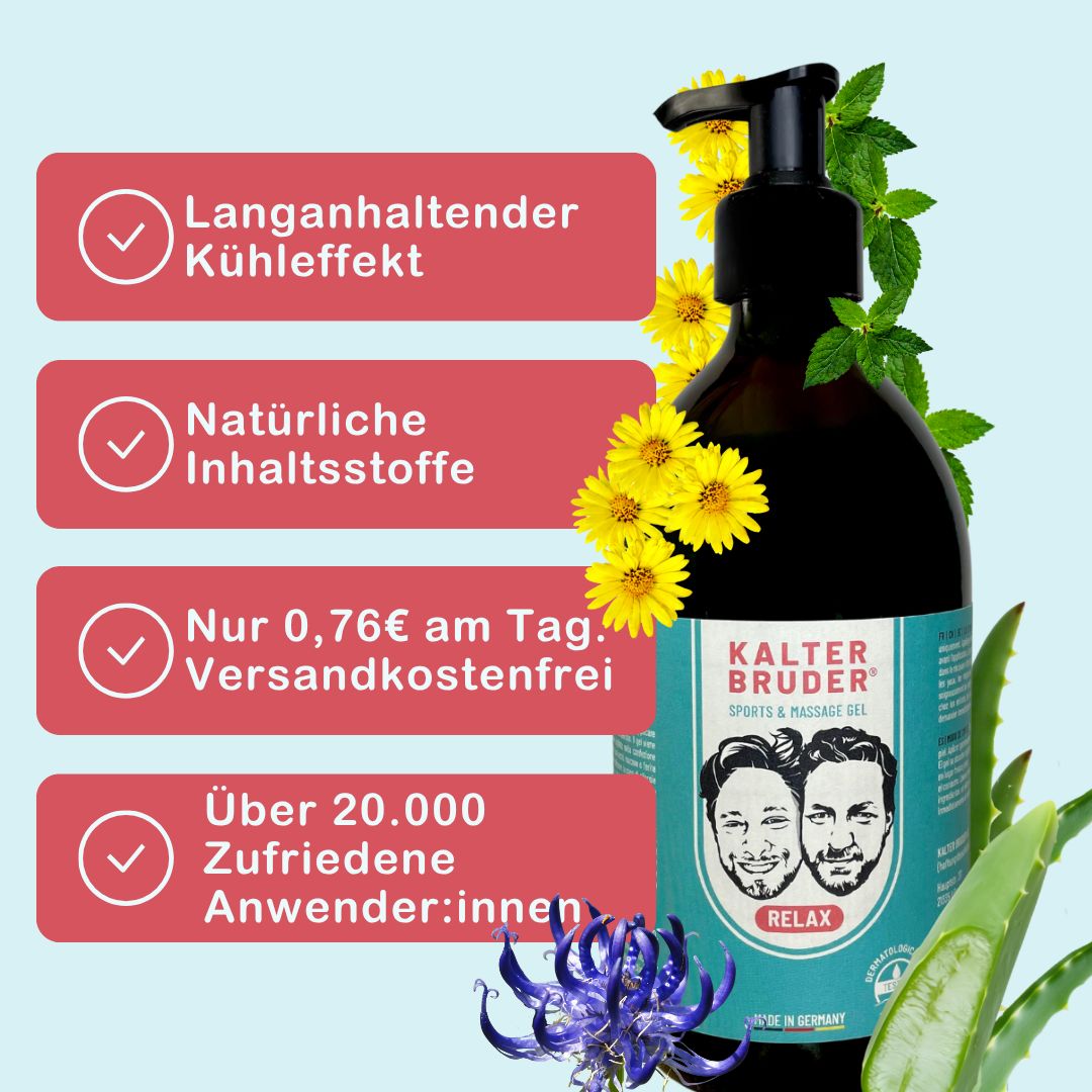 Flacon de produit avec texte et icônes. Texte : Effet rafraîchissant durable, Ingrédients naturels, Livraison gratuite. Décoration avec fleurs et aloe vera.
