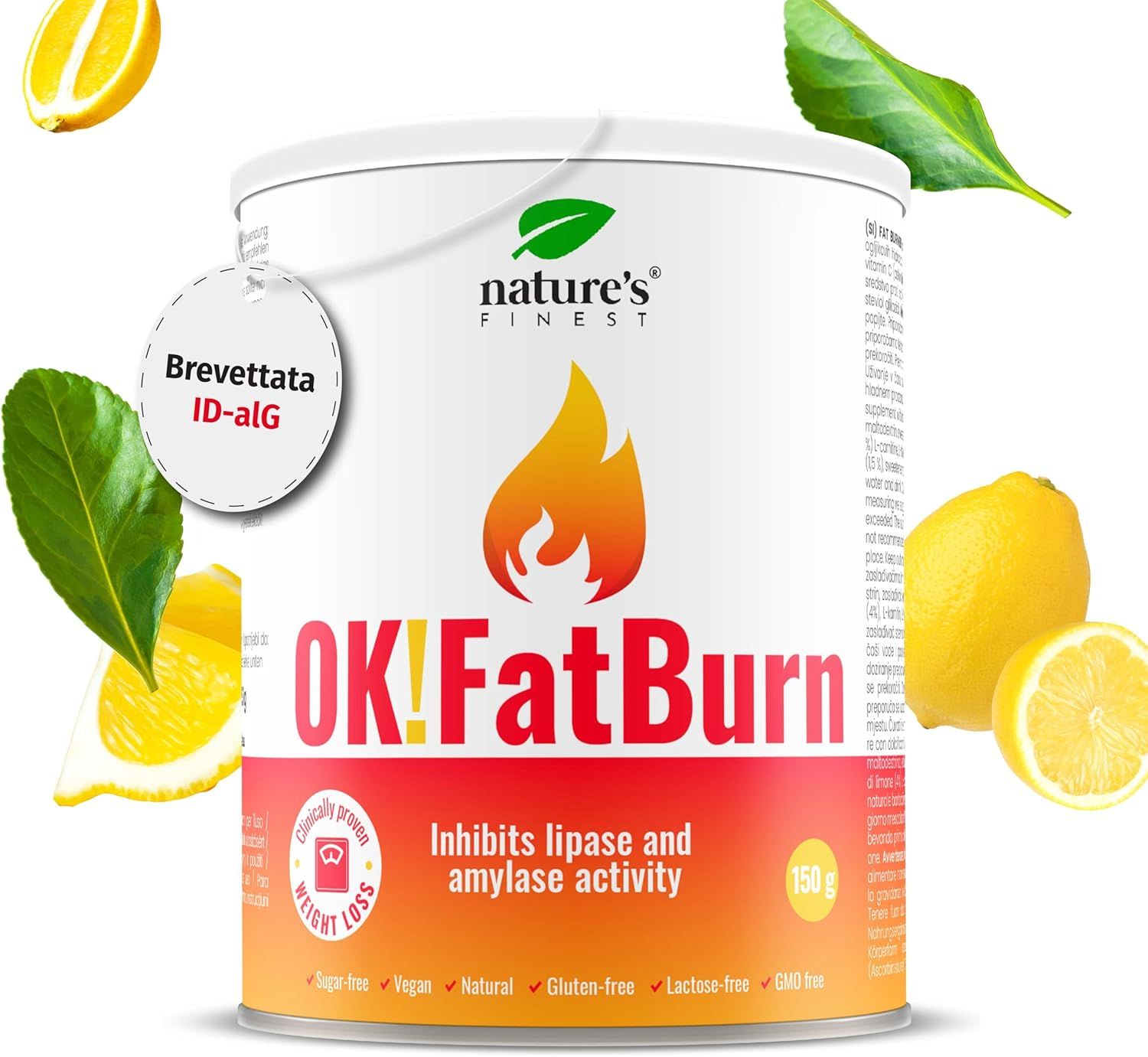 Wit product OK!FatBurn met citroen en bladeren. Tekst: Brevettata ID-alg. Remt lipase- en amylase-activiteit.