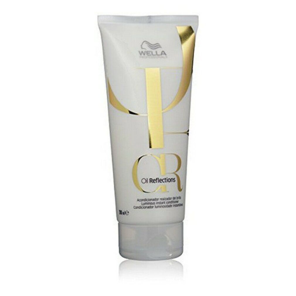 Witte tube met gouden tekst. Opschrift: Wella Oil Reflections Luminous Instant Conditioner. Productverpakking.