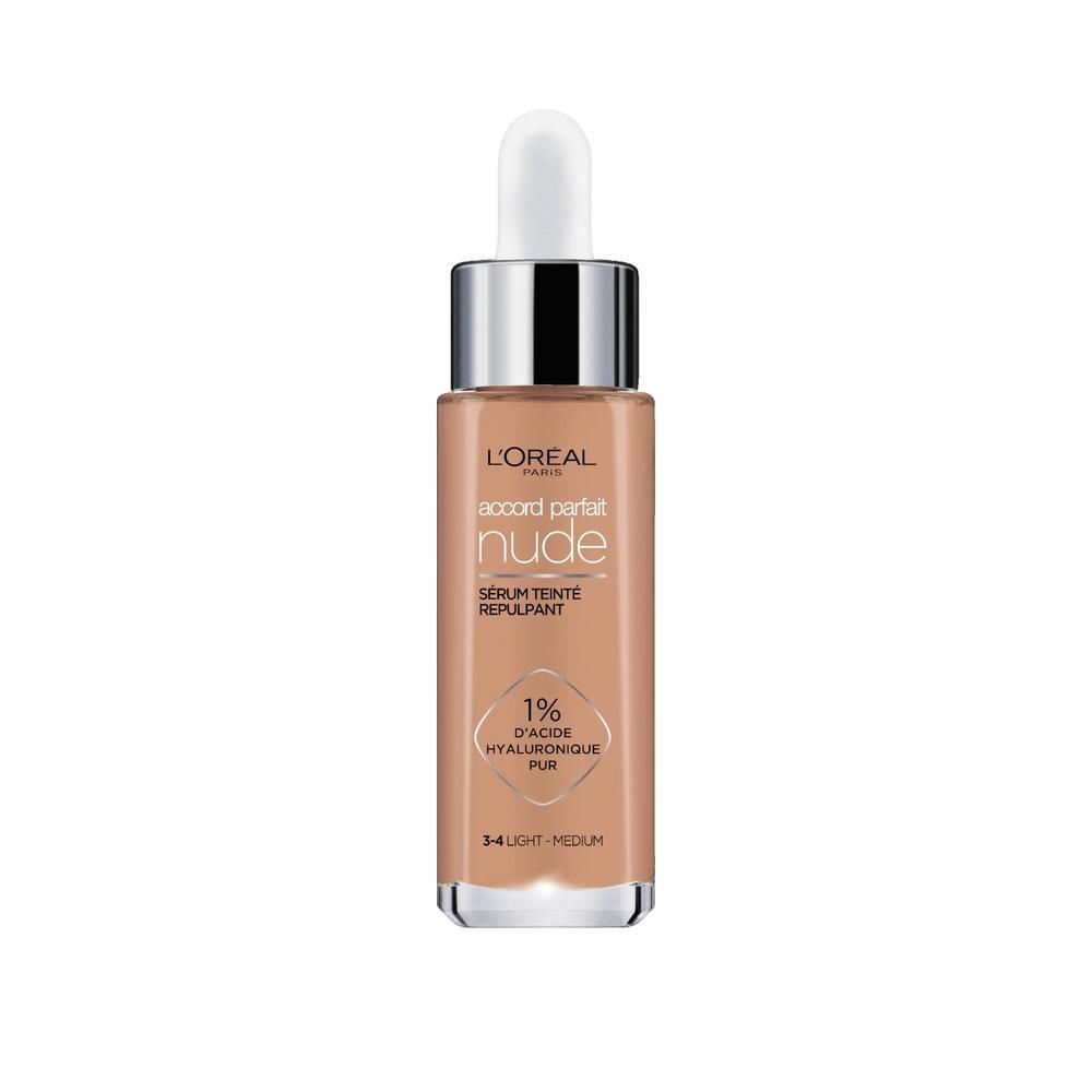 Flesje L'Oréal Accord Parfait Serum. Beige getint serum met pipet. Opschrift: Nude, Sérum Teinté Repulpant, 1% Hyaluronzuur.